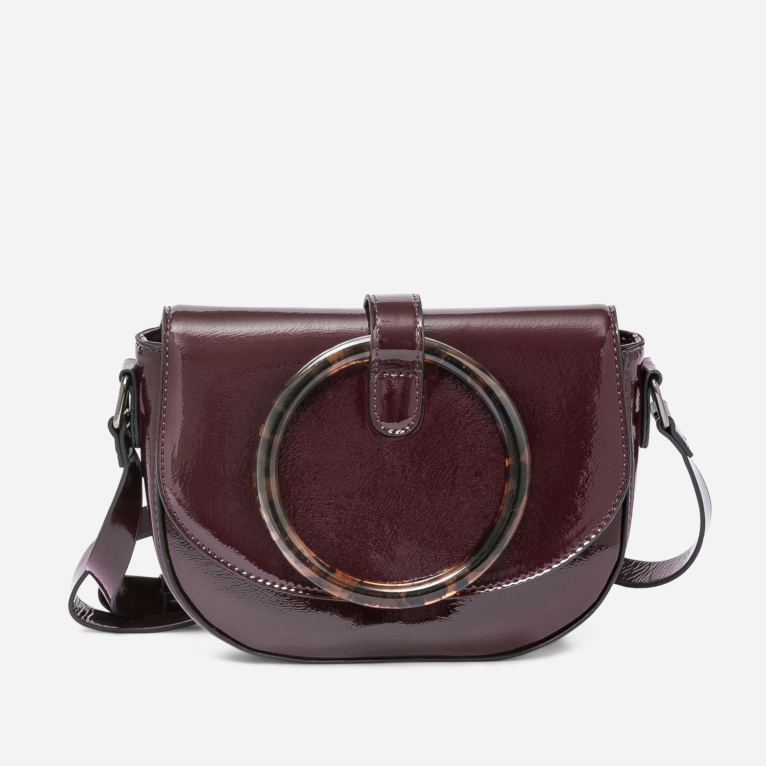 Sac à main bordeaux verni avec maxi anneau écaille
