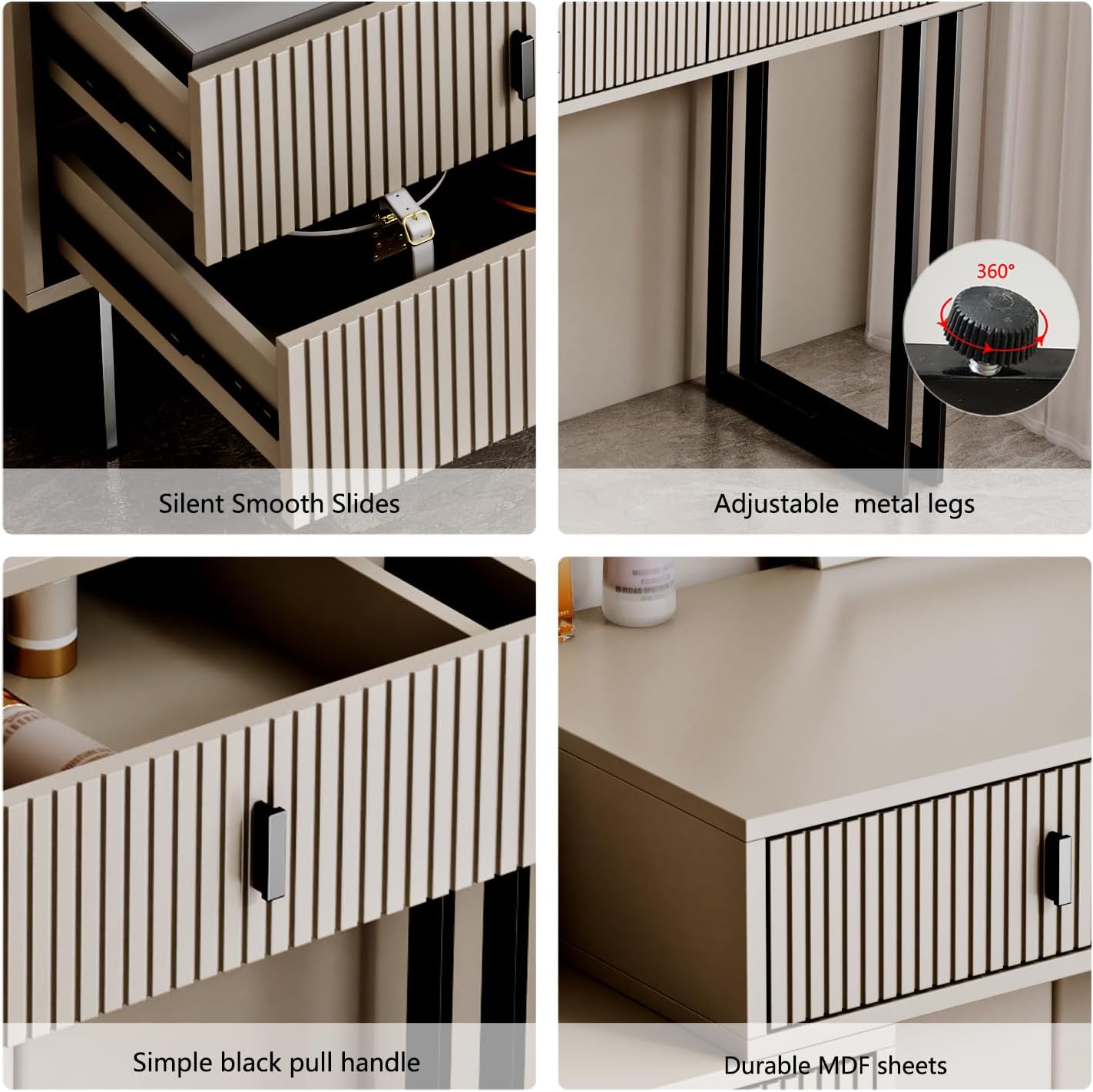 leejdn Dresser with 3 Color Touch Screen Dimming Mirror, Modern Makeup Dresser with Adjustable Cabinets and 4 Sliding Drawers, Powder Room, Bedroom Dresser Set