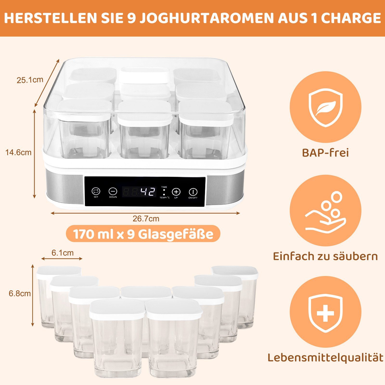 TLGREEN Joghurtbereiter, Digitale Joghurtmaschine, Yogurt Maker, mit 9 Portionsgläsern à 170 Ml