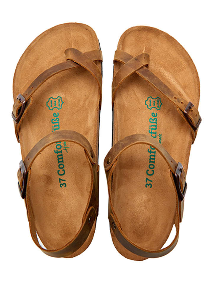 Comfortfusse Leder-Zehensandalen in Hellbraun günstig kaufen