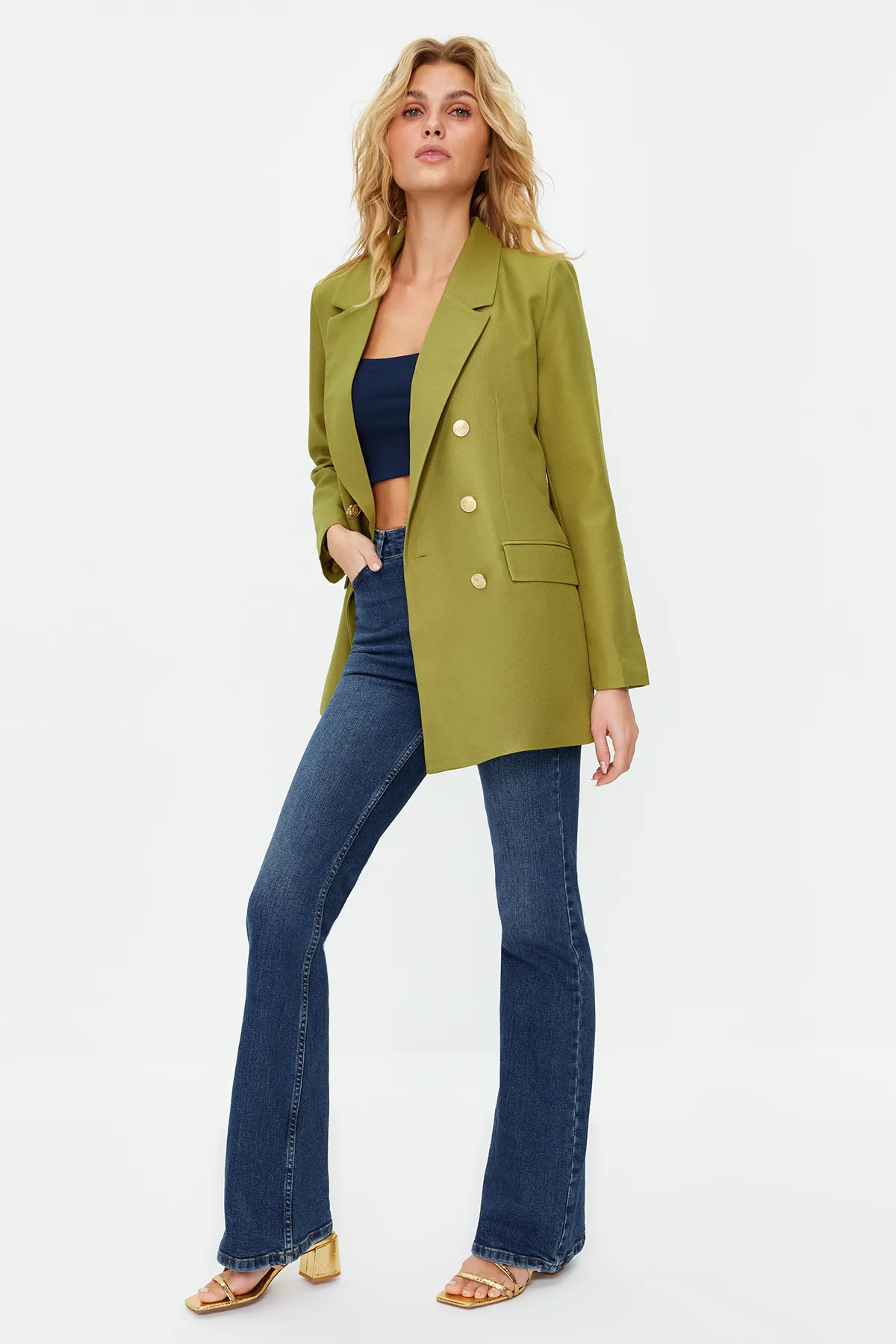 Trendyol Collection  Hellkhakifarbener, übergroßer, gefütterter, zweireihiger, gewebter Blazer-Jacke TWOSS20CE0024