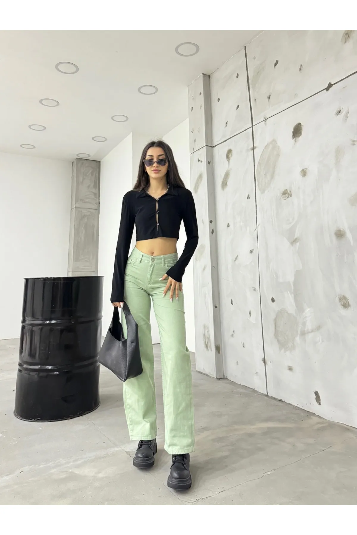 BİKELİFE  Aquagrüne Palazzo-Hose mit weitem Bein und hoher Taille für Damen