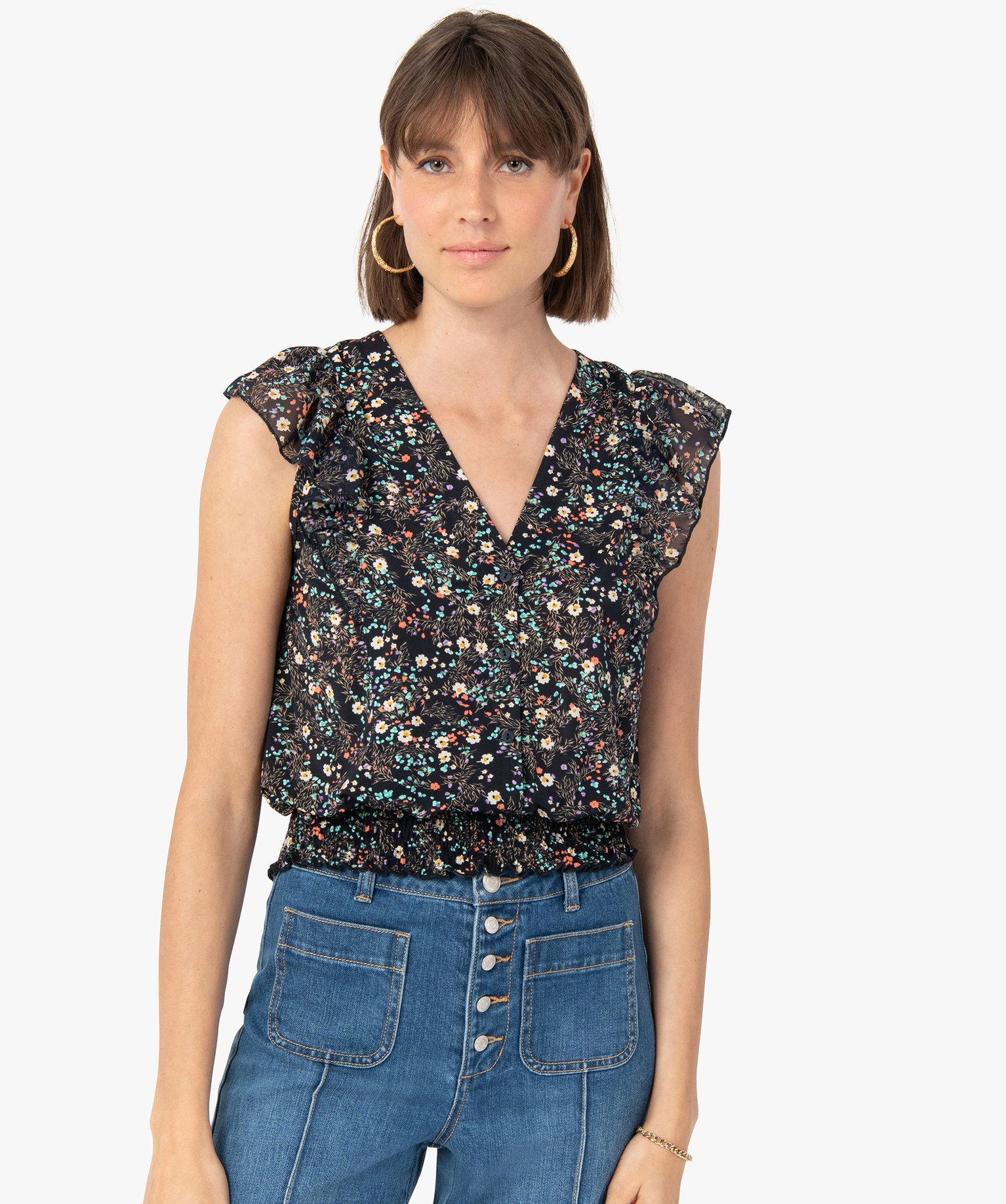 Tee-shirt femme à manches courtes avec volants sur les épa... imprime | GEMO