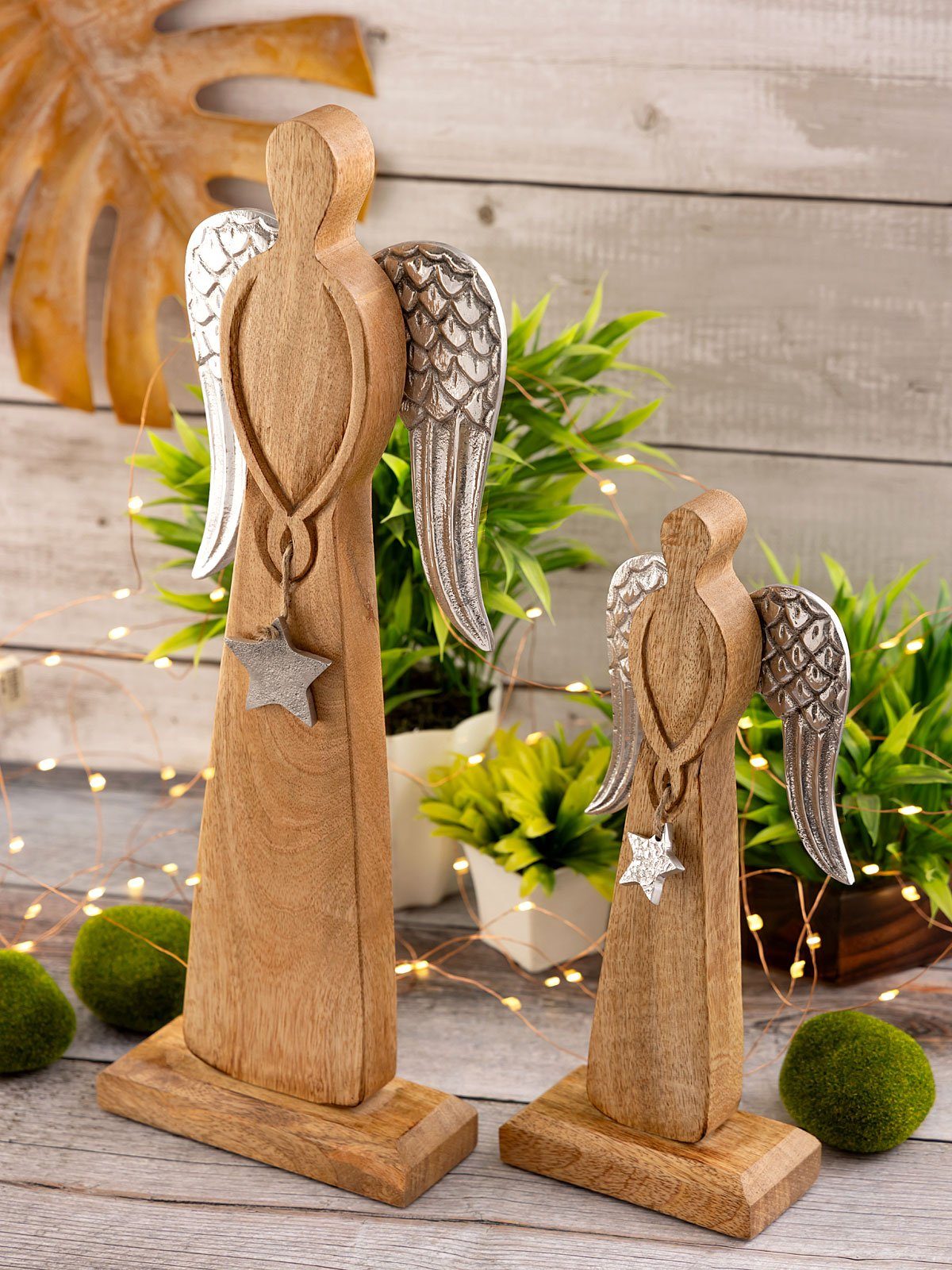 Casamia Dekofigur Dekofigur Engel 2er Set 12/16x32/47cm Weihnachten Mangoholz Aluminium