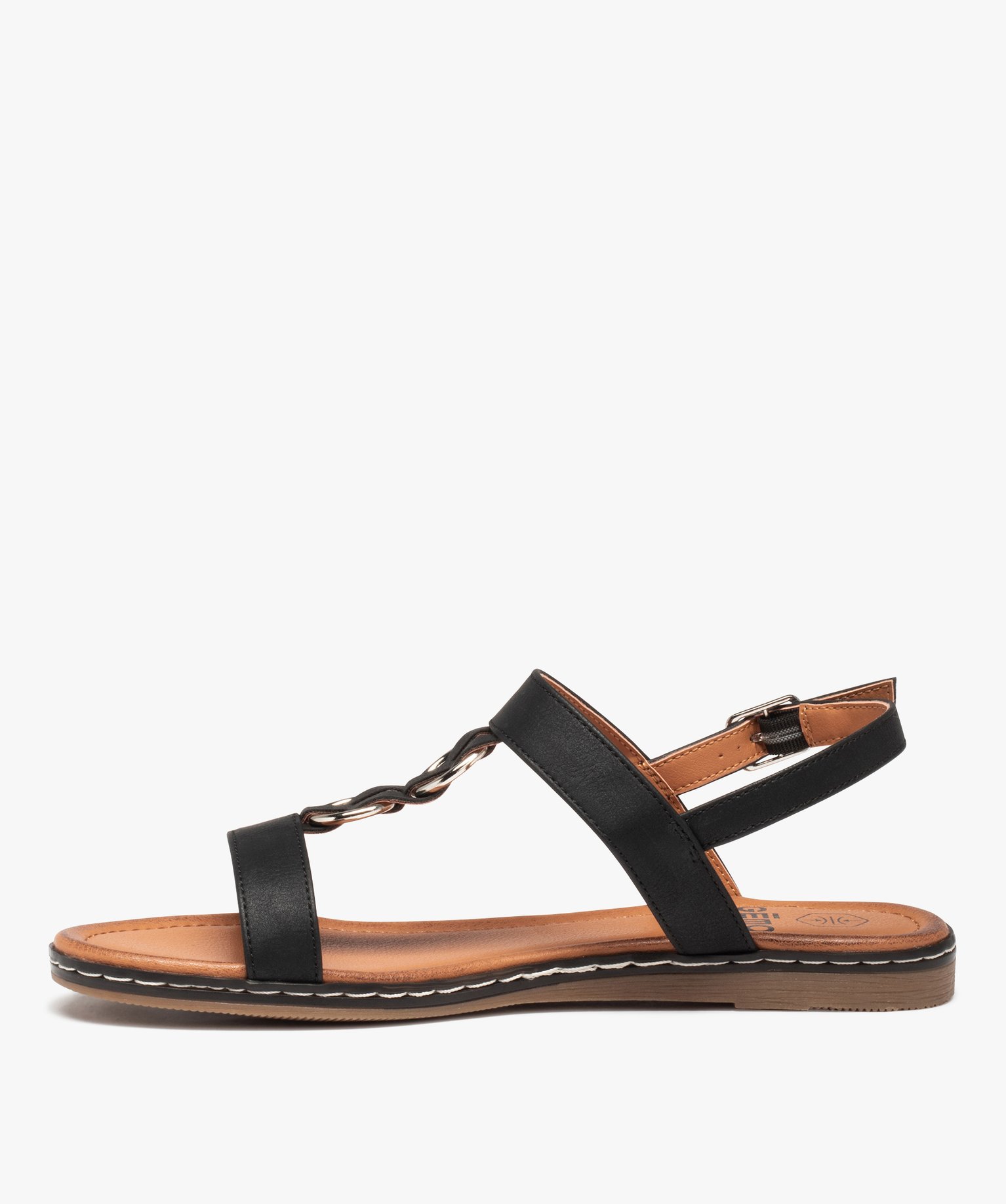 Sandales femme plates à brides unies et anneaux en métal noir | GEMO
