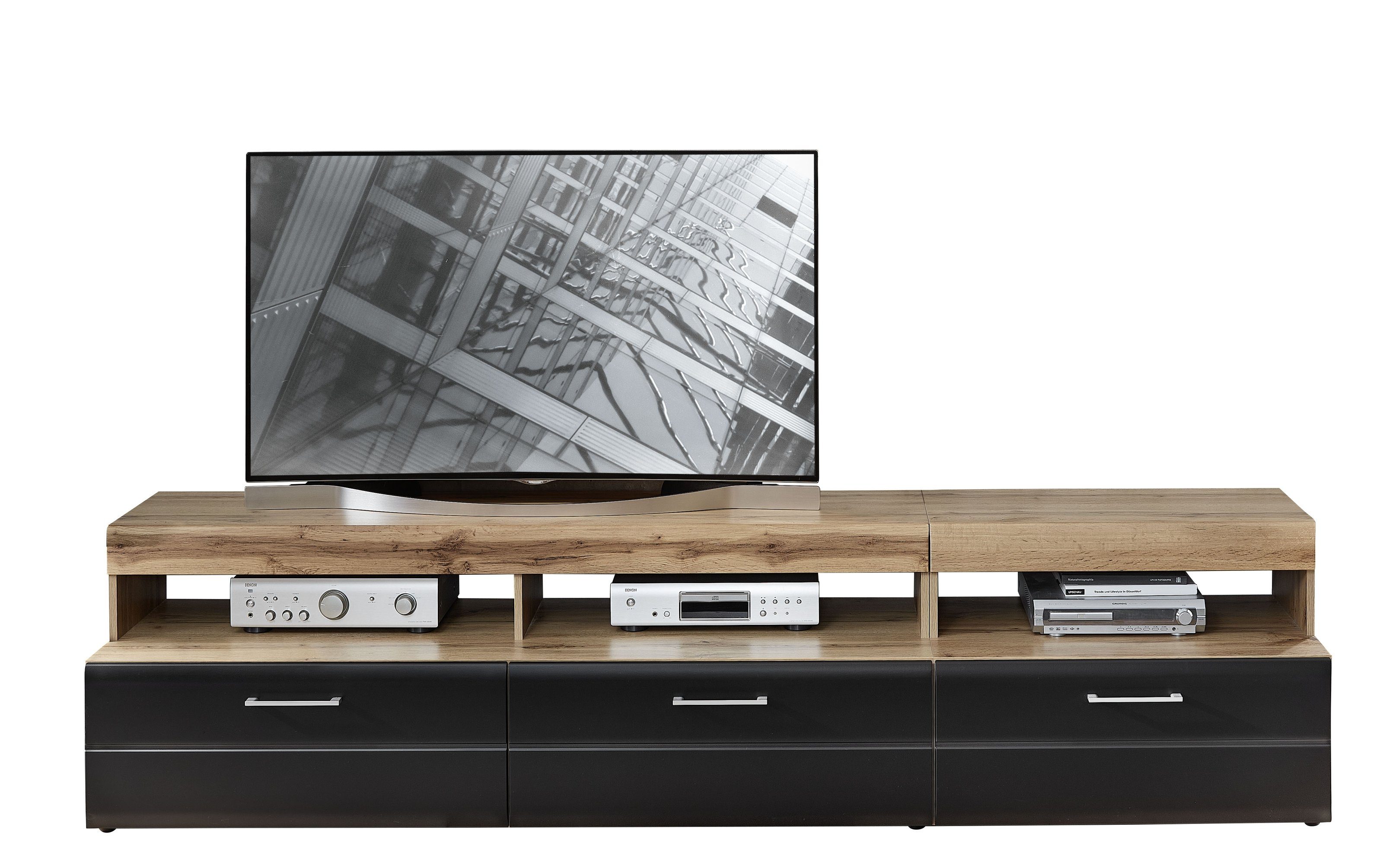 möbelando Wohnwand Sidonia, (5-St), Moderne Wohnwand. Korpus aus MDF in Eiche Altholz Nachbildung, Front in Lack Laminat schwarz supermatt, Griffe in chrom matt und Absetzung in Hirnholz Nachbildung