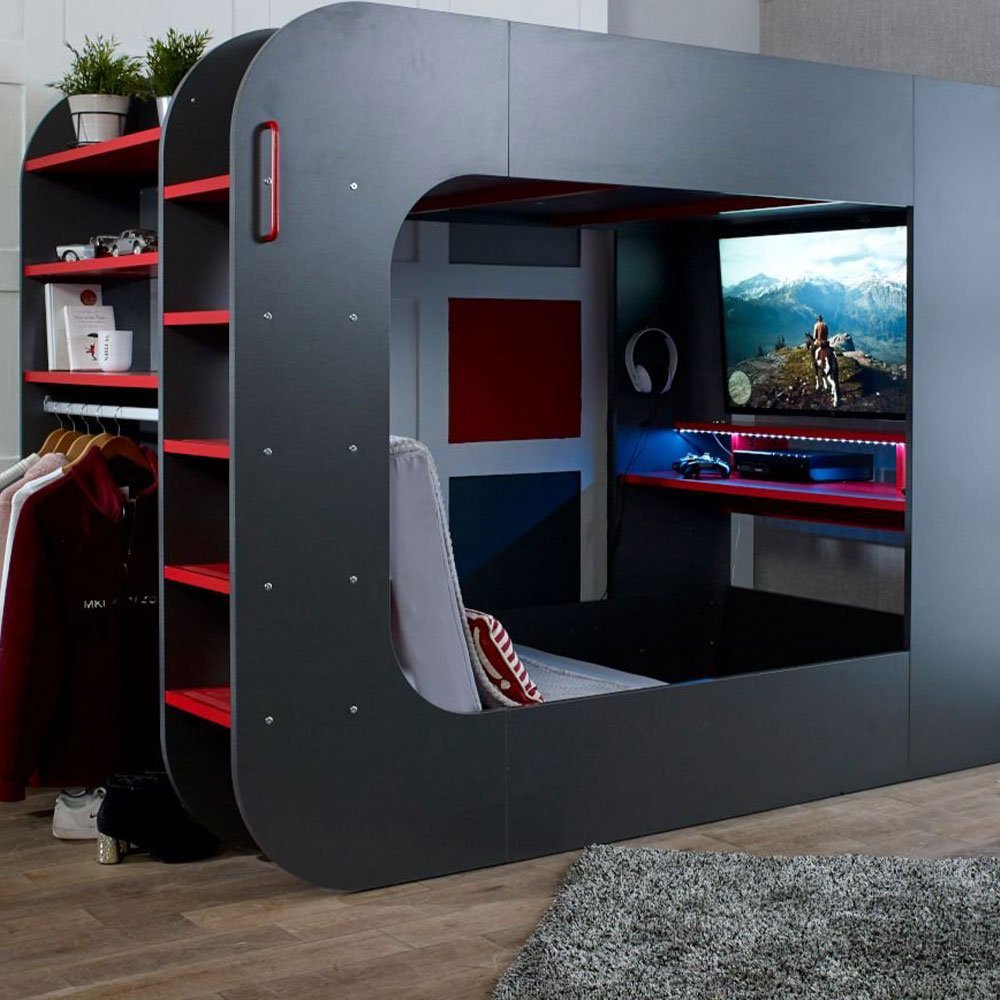 PodBed Grey and Red Gaming High Sleeper with Grey Sofa