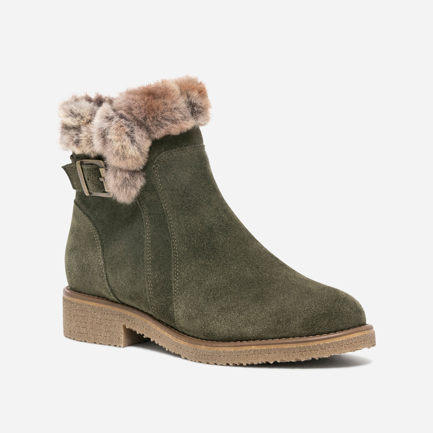 Boots kaki en cuir velours fourré