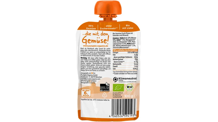 pumpkin organics Bio Quetschie: Mango, Karotte, Pastinake, Hafer 100 g