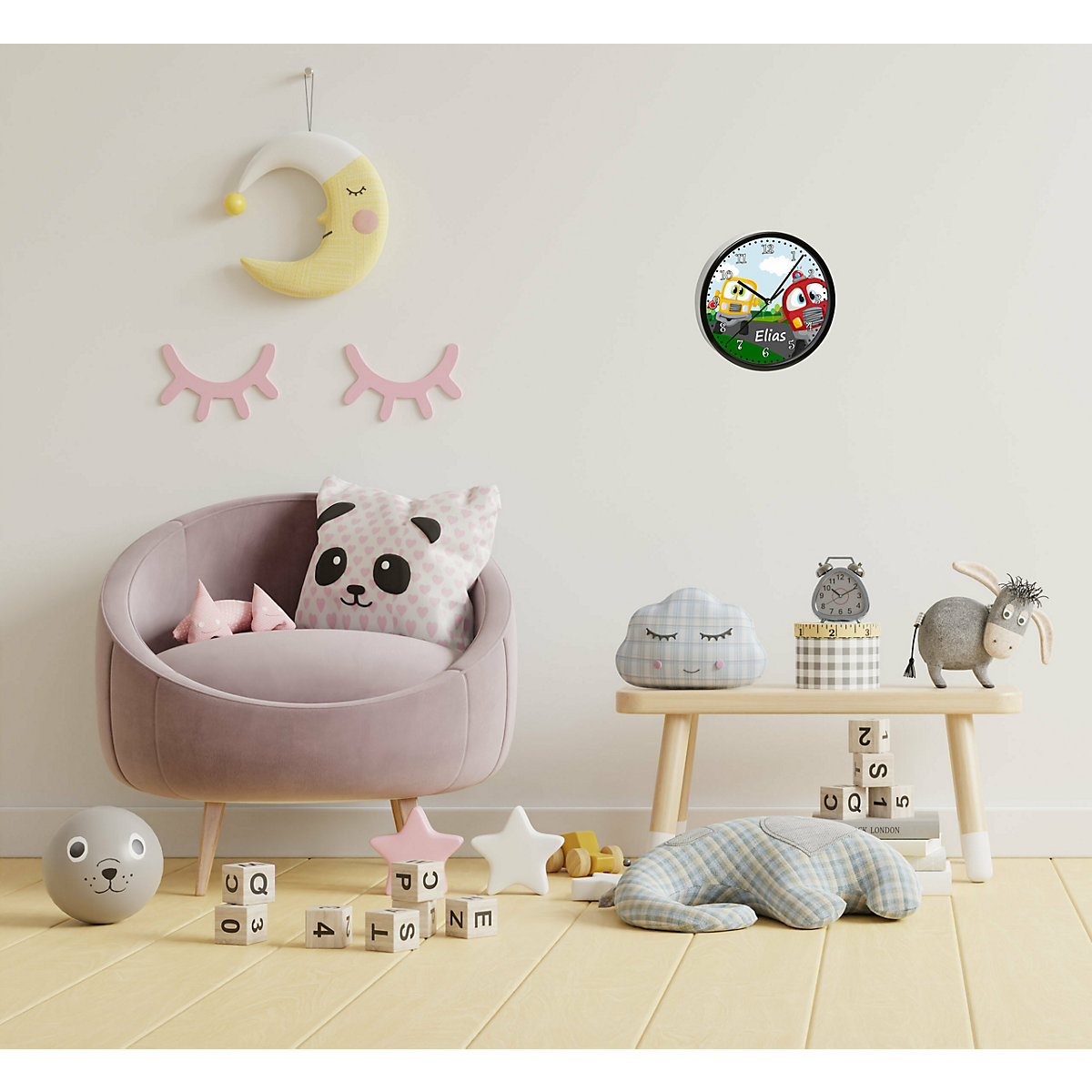 Kinder Wanduhr personalisiert mit Name Auto-Cartoon