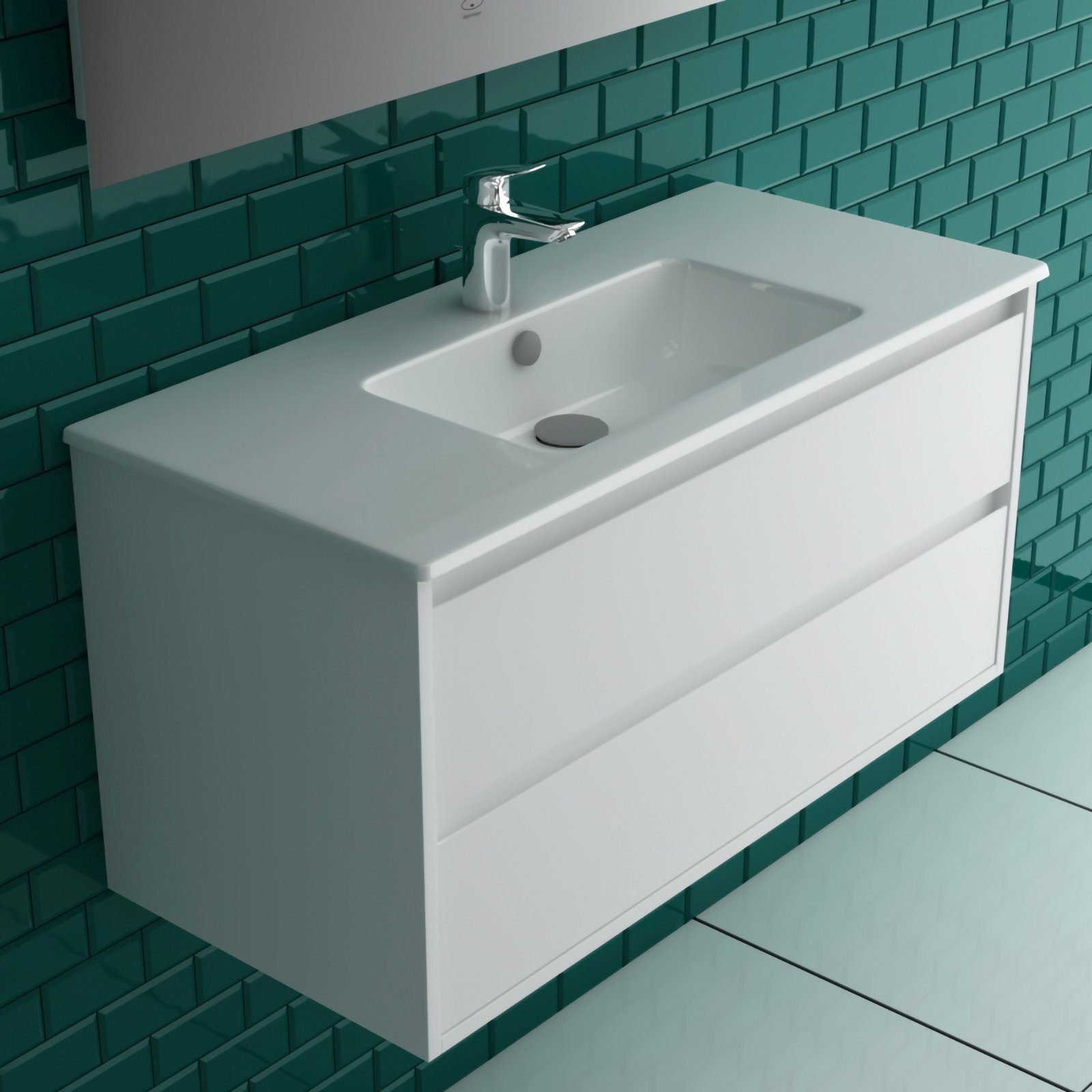 Alpenberger Badezimmer-Set - Waschplatz aus Keramik Handwaschbecken und Schrank mit 2 Schubladen, (Komplett Badmöbel Set, 2-St., Waschbecken mit Unterschrank 100cm), Soft-Close Badunterschrank Weiß hängend & vormontiert