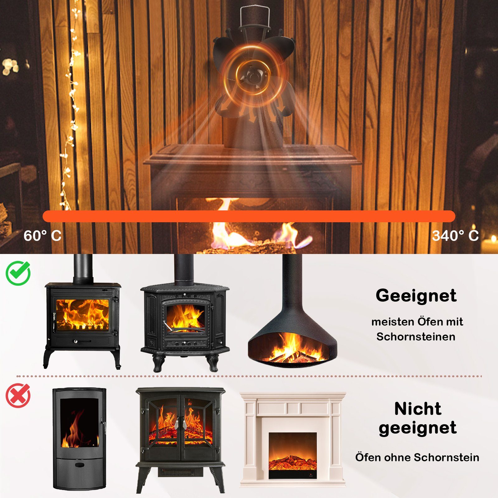 UISEBRT Kaminventilator mit 4 Blättern Ofenventilator ohne Strom Kaminlüfter