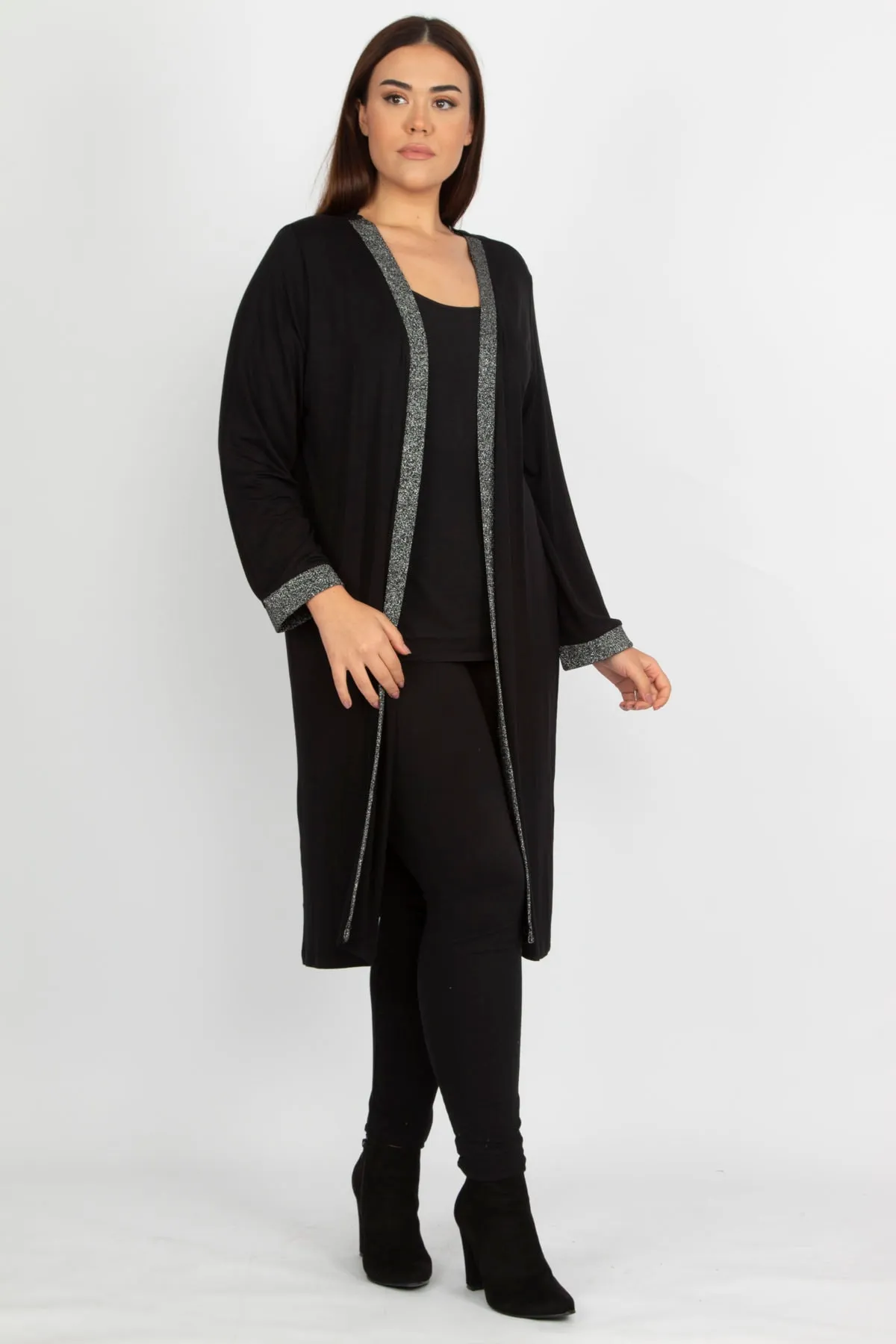Şans  Damen-Cardigan, groß, schwarz, glitzernd, lang, mit Details, 65n19839