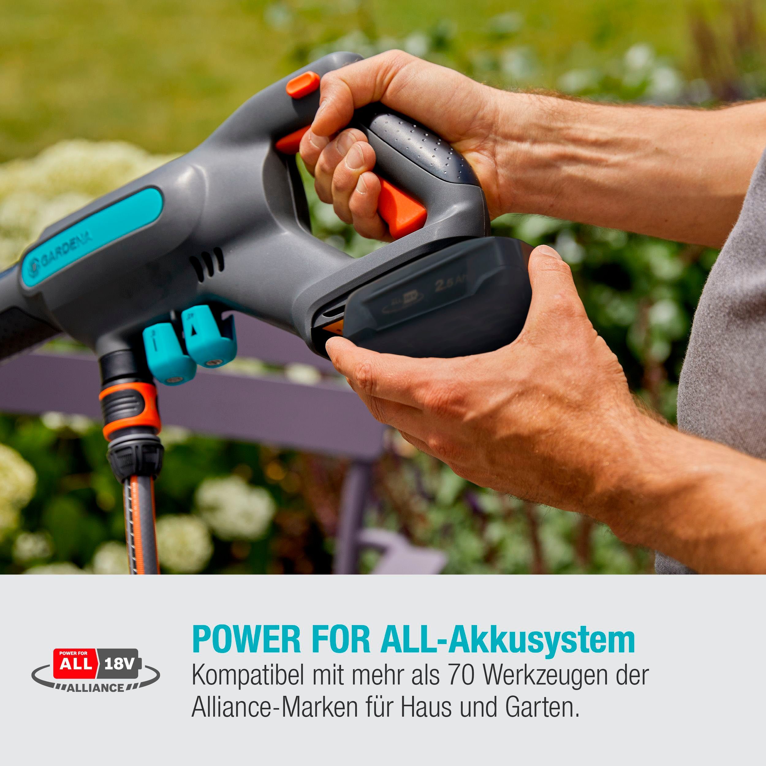 GARDENA Akku-Mitteldruckreiniger AquaClean 24/18V P4A, Druck max: 24 bar, Fördermenge max: 250 l/h, (Set, 5 tlg), mit Akku und Ladegerät