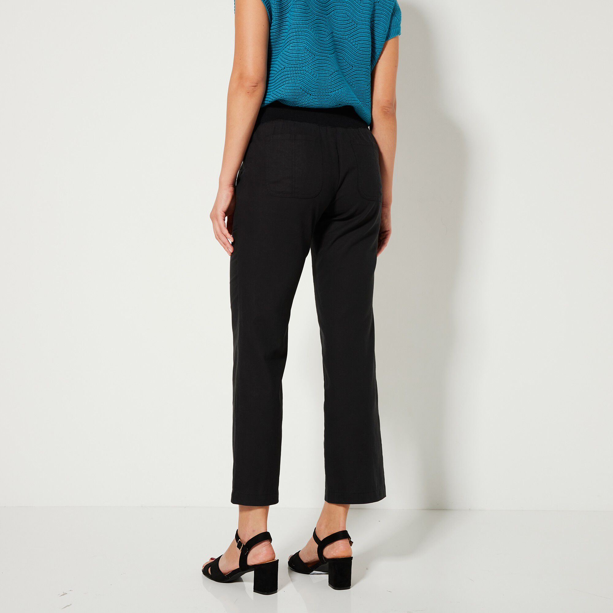 Pantalon coupe droite 7/8ème taille élastiquée, lin coton