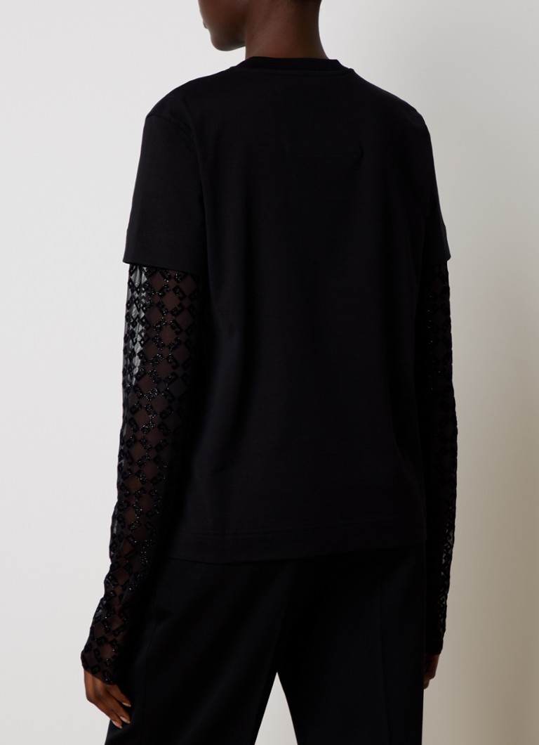 T-shirt Givenchy a maniche lunghe semitrasparente con logo stampato floccato e dettagli in rete.