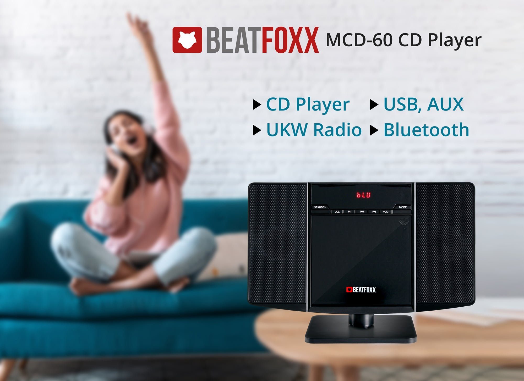 Beatfoxx MCD-60 Vertikal Stereoanlage (UKW/MW-Radio, 6,00 W, Microanlage mit CD/MP3-Player, USB-Slot und Bluetooth)
