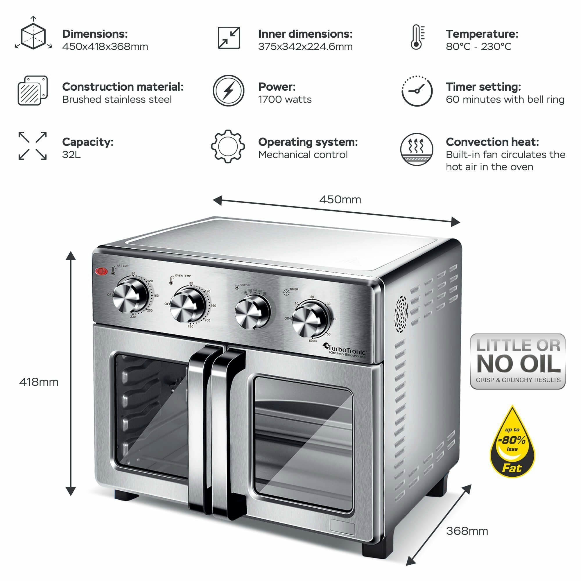 TurboTronic by Z-Line Minibackofen Digitaler Heißluftofen XXL, AF32MFD -32 Liter mit Drehspieß 4in1