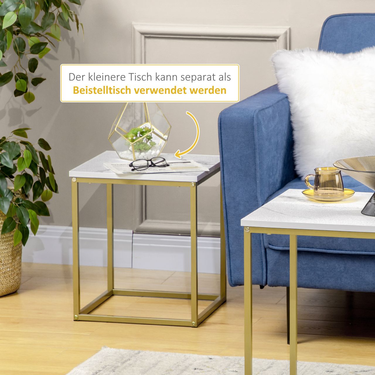 HOMCOM Couchtisch 2er-Set Beistelltisch, Kaffeetisch mit Marmoroptik Weiß