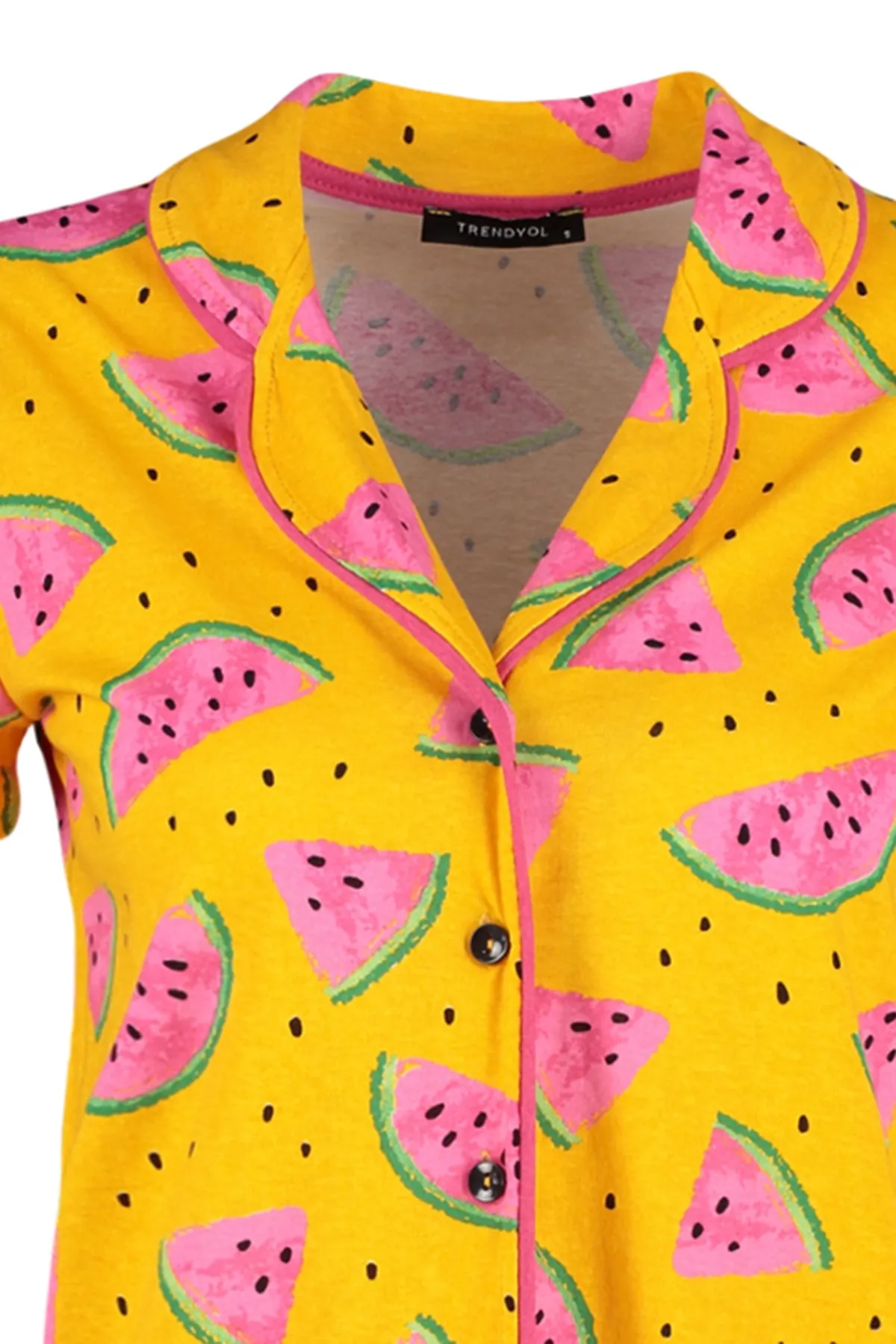 Trendyol Collection  Hellorangees Pyjama-Set aus 100 % Baumwolle mit Wassermelonenmuster und Rüschen, Hemd und Shorts, Strick, THMSS21PT0670