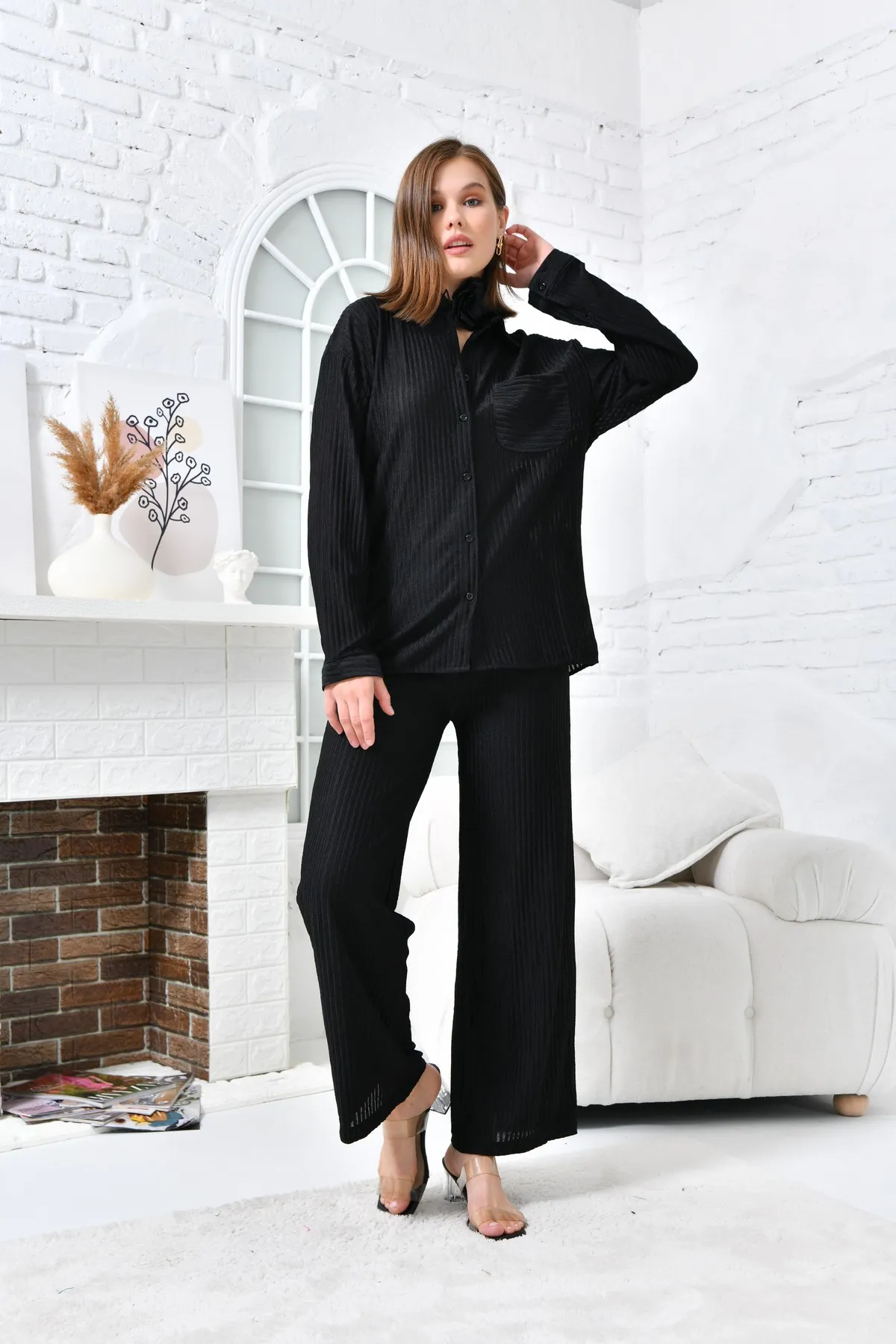 VOLT CLOTHİNG  Damen-Hosenset mit weitem Bein und Brusttasche