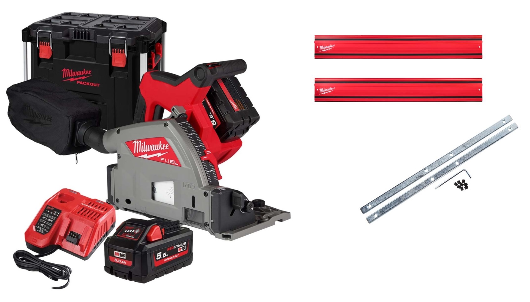 Milwaukee 4933478778+4932480906 M18 Akku-Tauchsäge 55 mm + Führungsschienen-Set, 2 x 5,5-Ah-Akku und Schnellladegerät im PACKOUT XL-Koffer