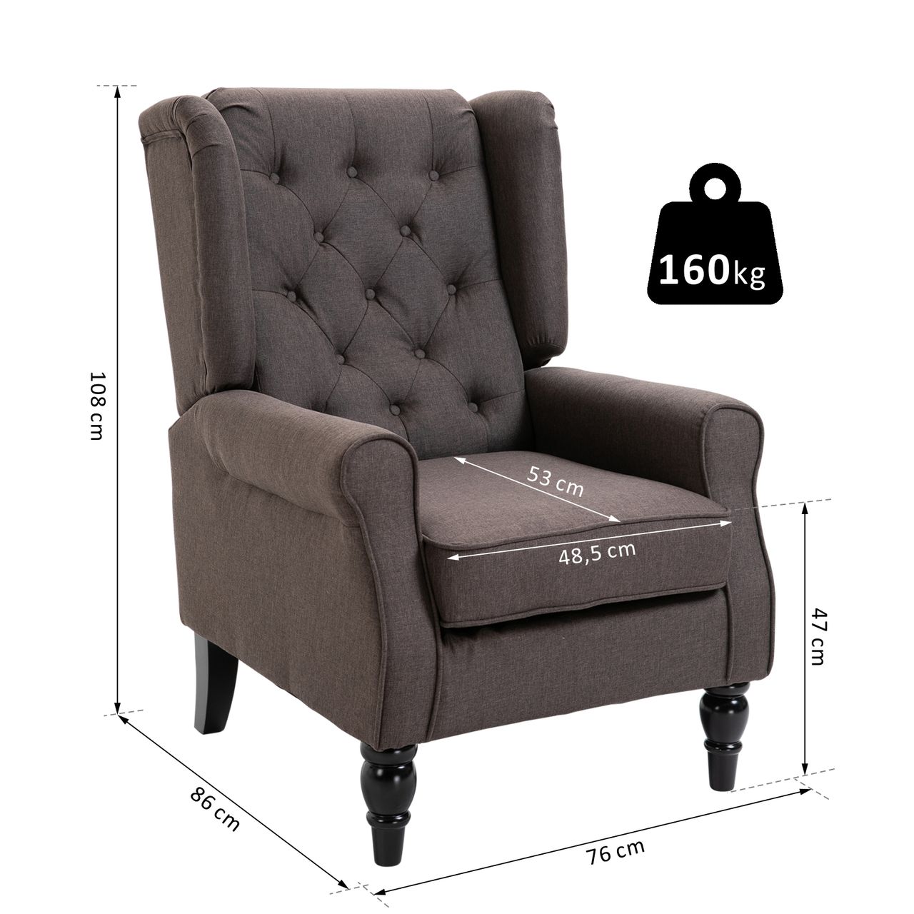HOMCOM Einzelsessel Relaxsessel Einzelstuhl mit Tufting Holzfüße Polyester Braun 76 x 86 x 108 cm