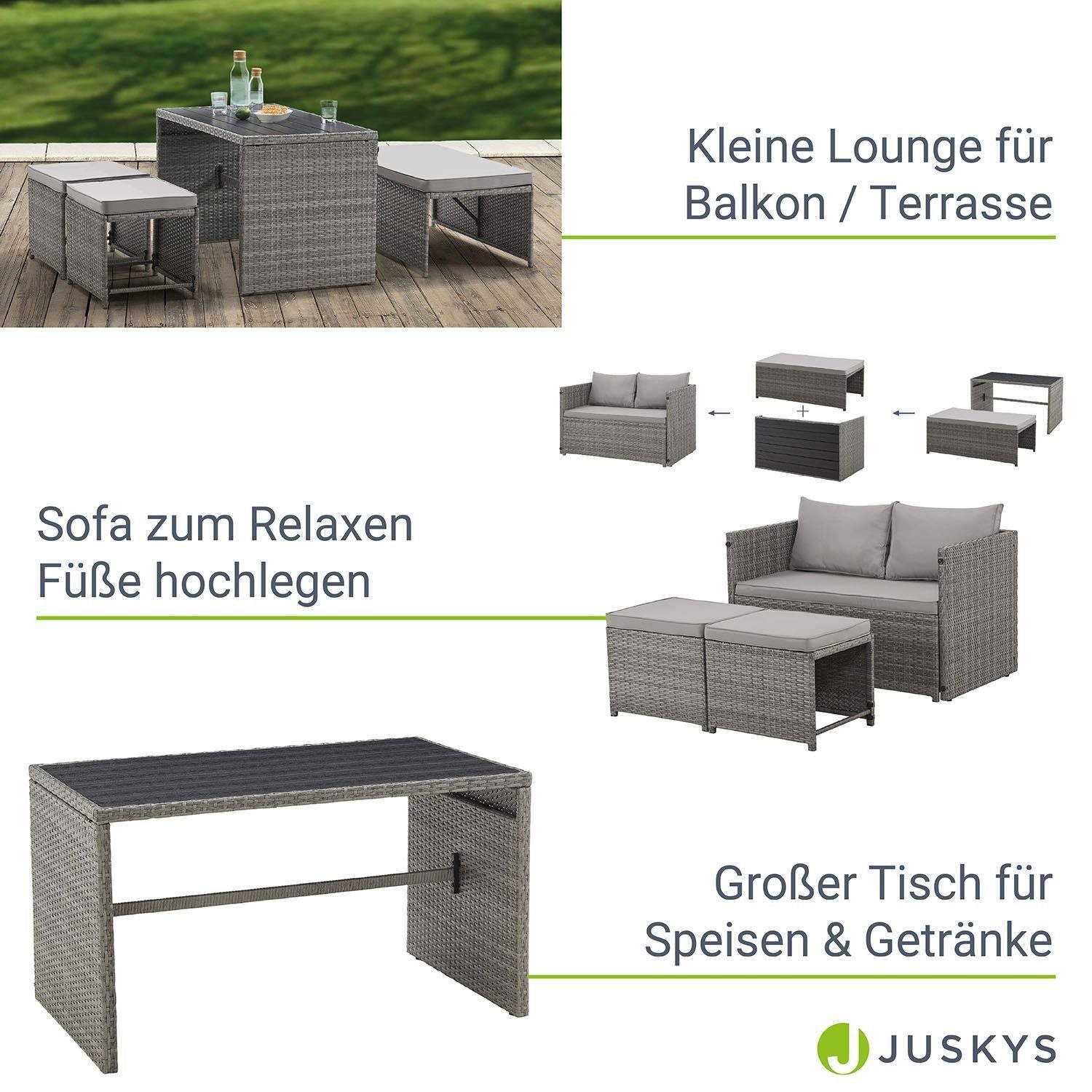 Juskys Gartenlounge-Set Jamaika, 2in1 Polyrattan Set, wetterbeständig