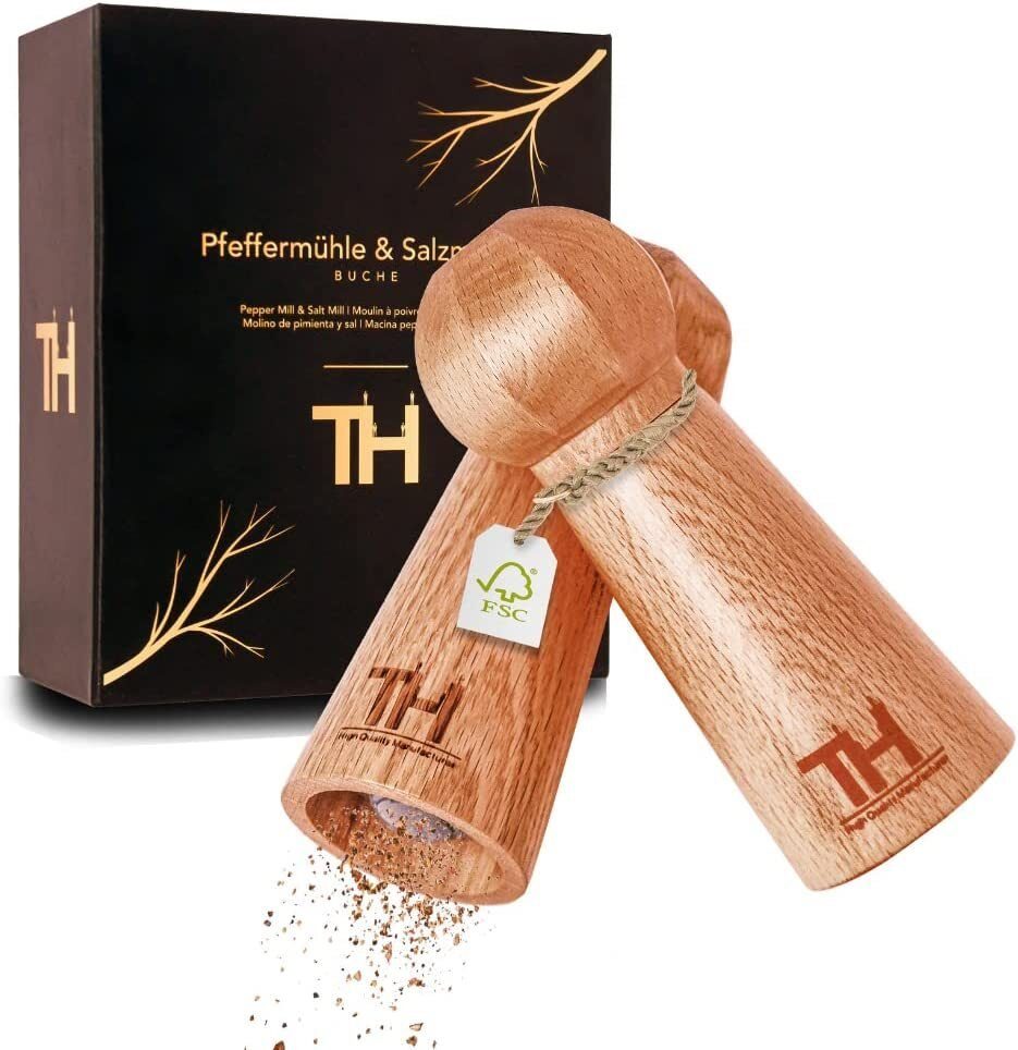 Thiru Salz-/Pfeffermühle patentiertes Keramikmahlwerk - inkl. Untersetzer & Reinigungspinsel