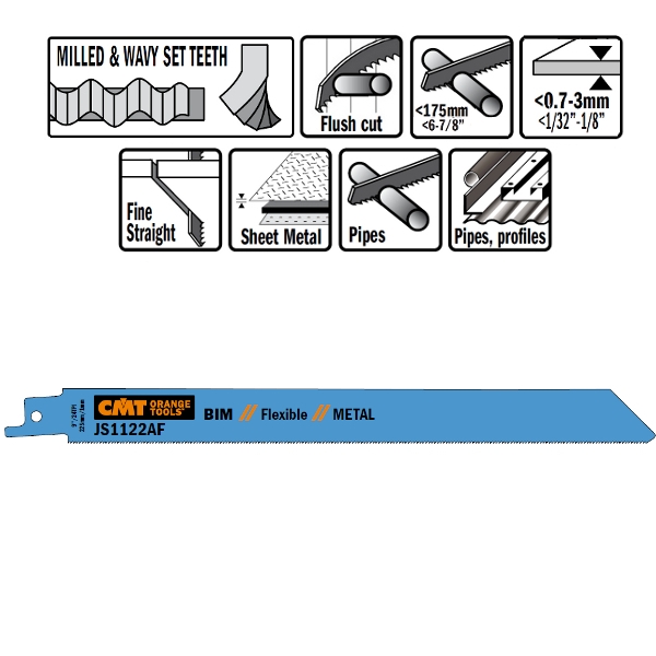 Lame de ferăstrău sabie CMT JS1122AF-5 JS1122AF 5 bucăți Bi-metal 225 mm x 0,9 x 24TPI Aplicație: tablă subțire (0,7-3 mm), tuburi și profile subțiri.