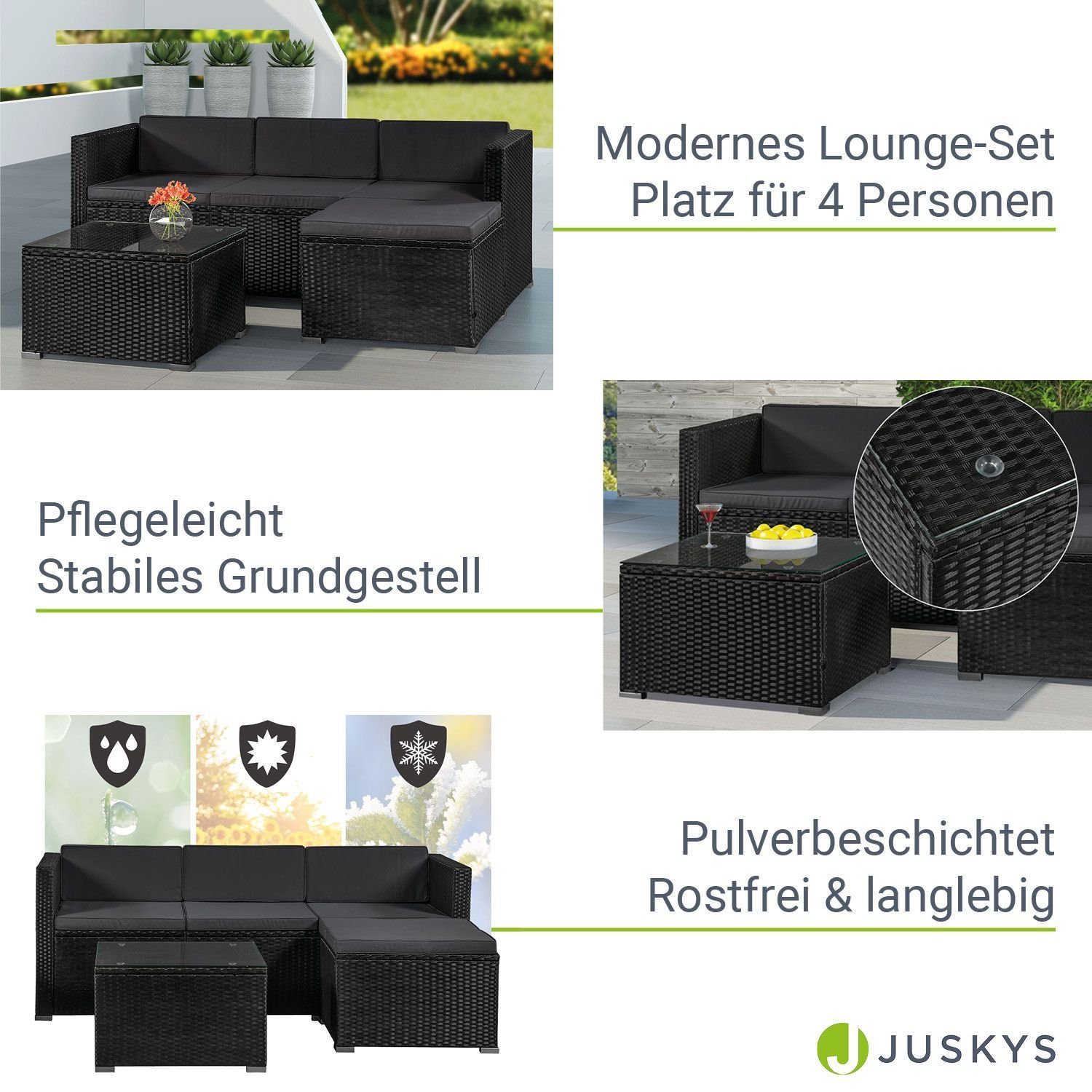 Juskys Gartenlounge-Set Punta Cana, (Set, Sitzgruppe), Polyrattan Sitzgarnitur mit 1 Tisch, 1 Sofa und 1 Hocker