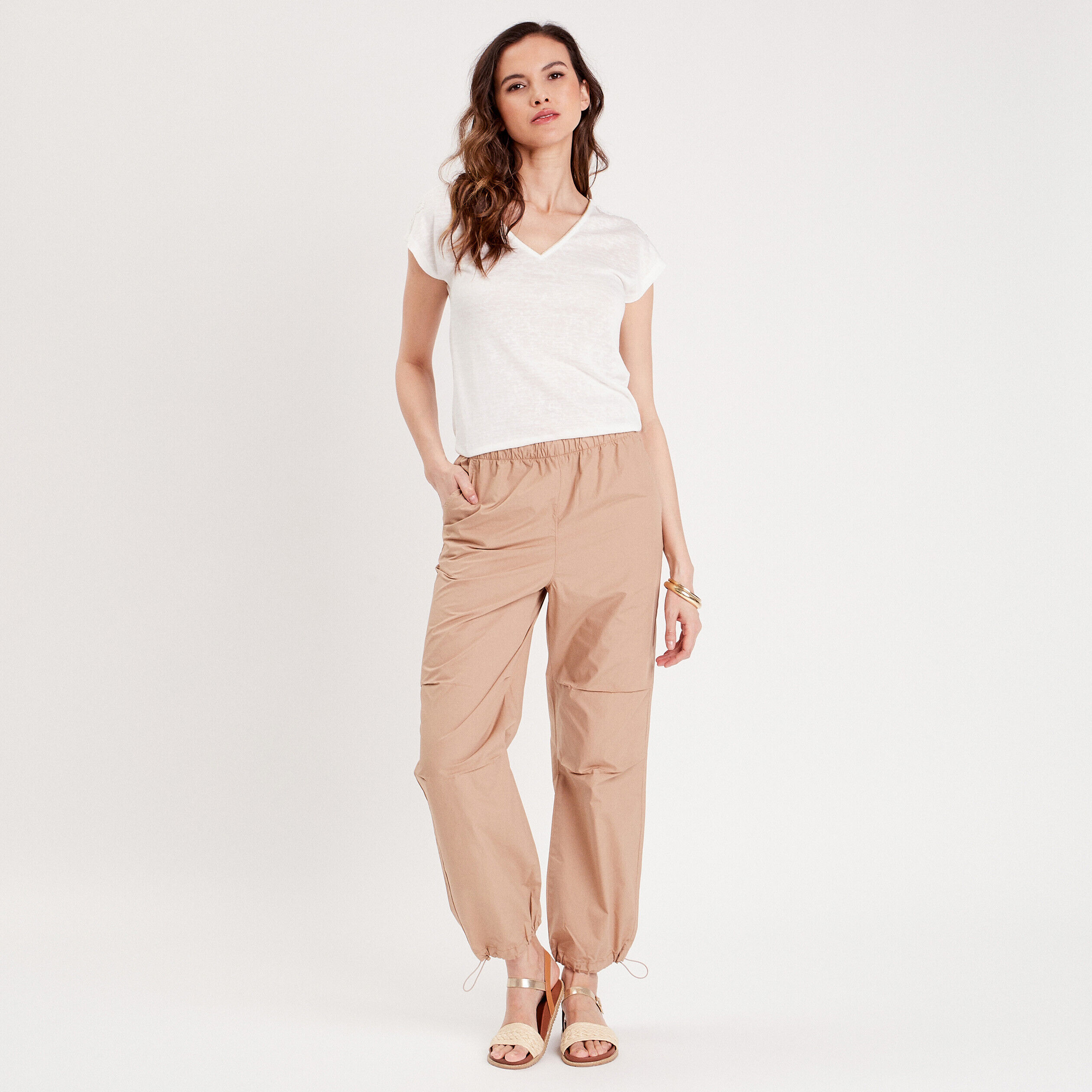 Pantalon loose élastiqué beige femme | Cache Cache