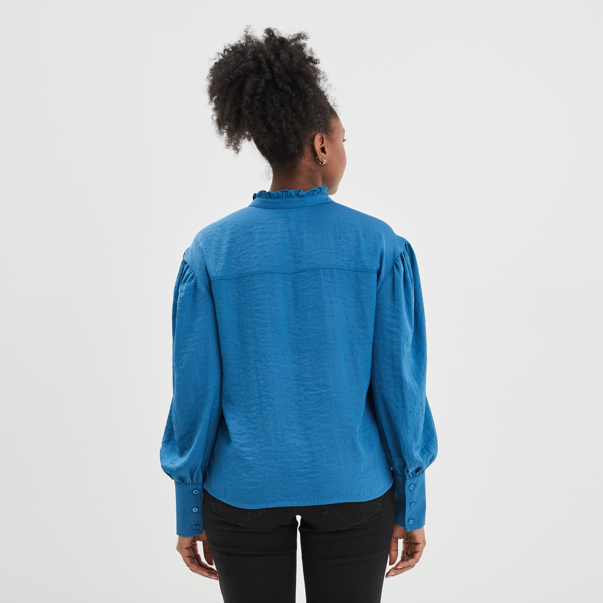 Blouse col montant manches bouffantes bleu femme | La Halle
