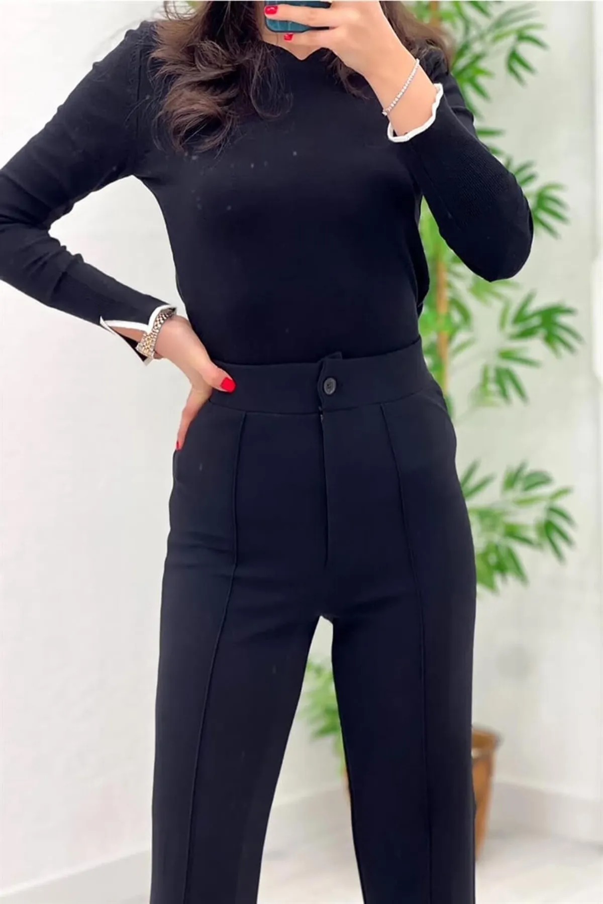 GRİLAND  Schwarze, geraffte, geraffte Palazzo-Hose für Damen mit hoher Taille