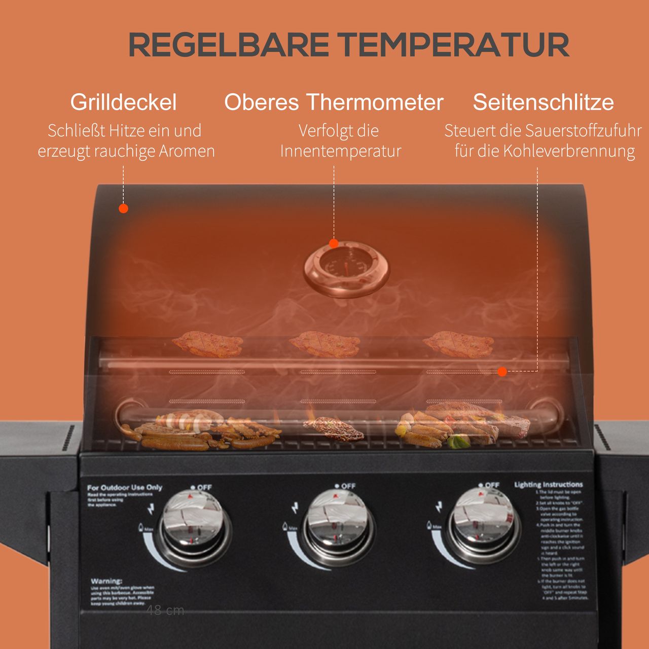 Outsunny Gasgrill BBQ mit 3 Brennern je 3 kw mobiler Grillwagen mit 4 Rädern Grillnetz Seitentischen Druckminderer Schläuche Schrank Multifunktion Stahl Schwarz 121 x 55 x 109 cm