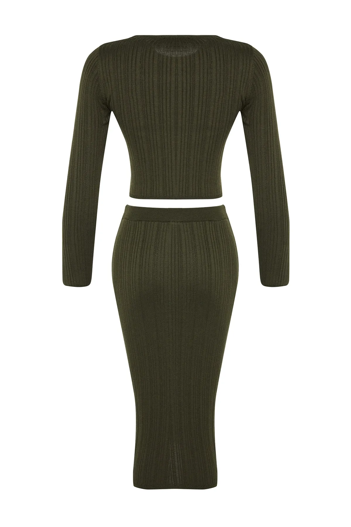 Trendyol Collection  Khakifarbenes, kurzes Strickoberteil und -unterteil-Set TWOAW24AU00003