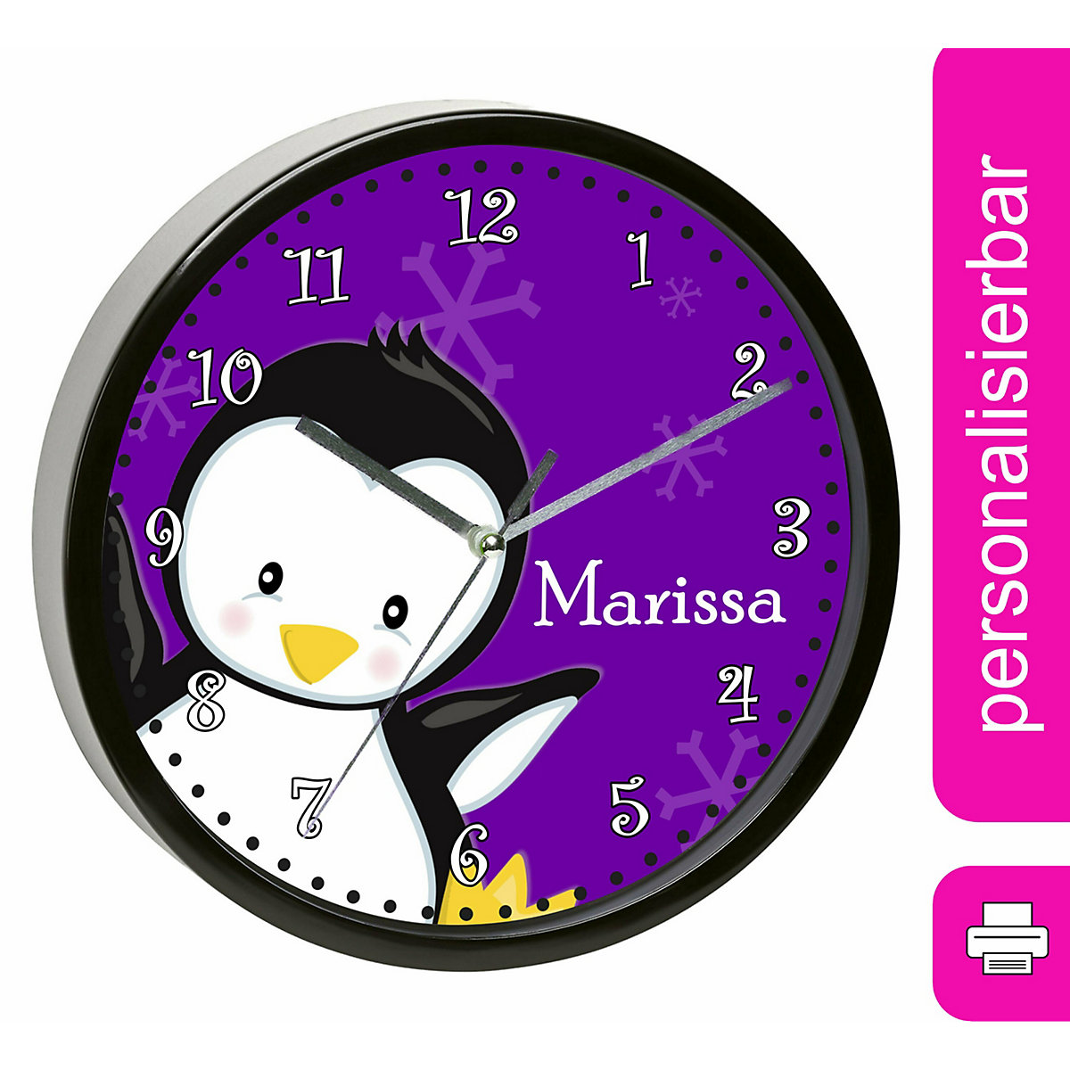 Kinder Wanduhr personalisiert mit Name Pinguin lila