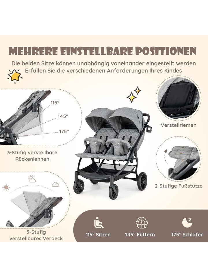 COSTWAY Geschwisterwagen Zwillingswagen klappbar bis 3 Jahre in Grau günstig kaufen onesize