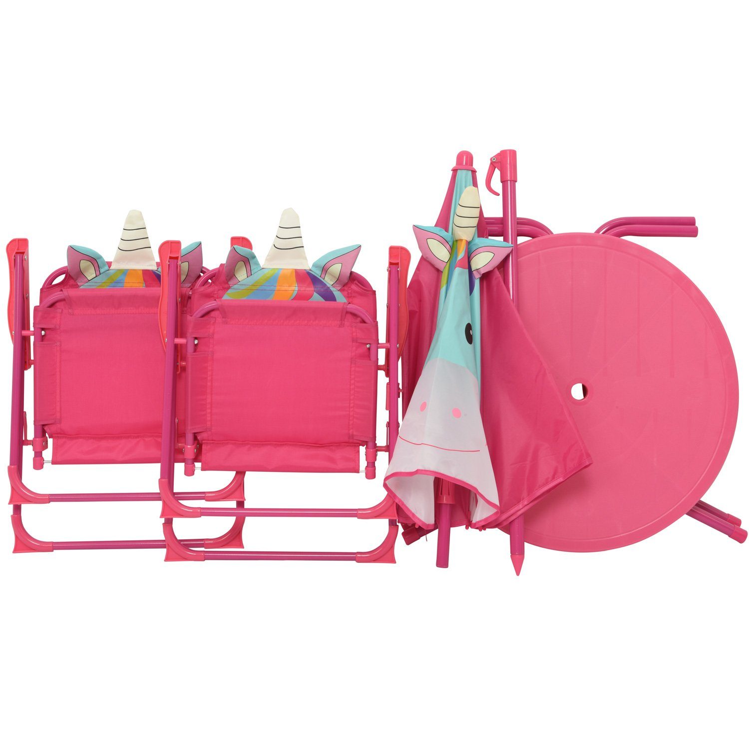MARELIDA Kindersitzgruppe Einhorn FIONA 2 Stühle Tisch Sonnenschirm Gartenmöbel für Camping 4tlg, (4-tlg)