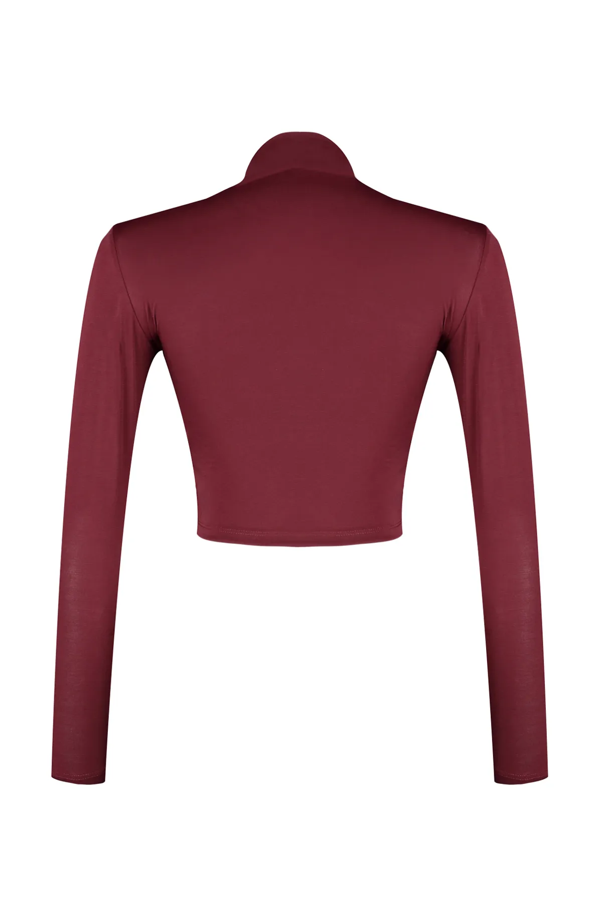 Trendyol Collection  Weinrote, drapierte Crop-Bluse mit hohem Kragen und hohem Kragen TWOAW24BZ00164