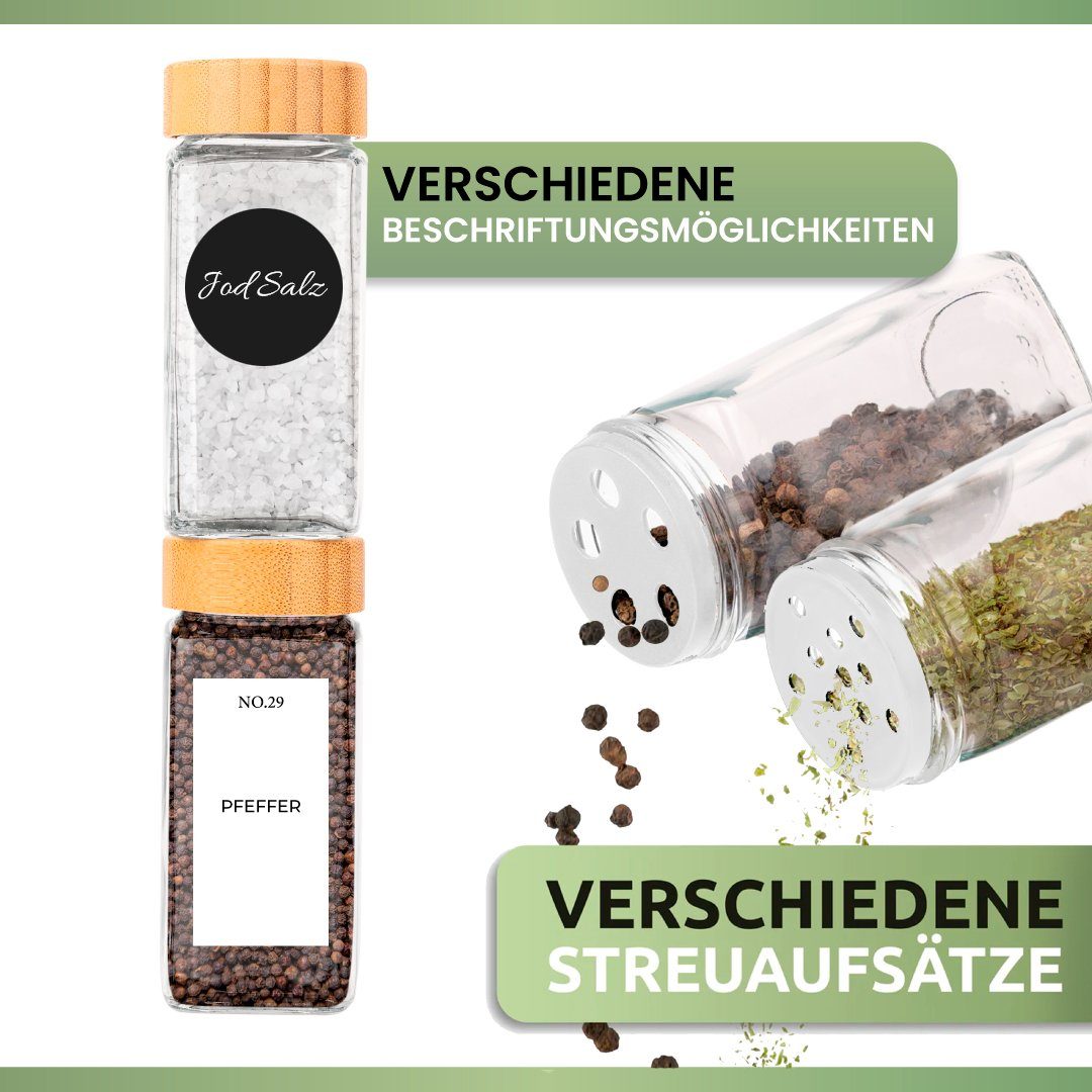 PORADA Gewürzbehälter Gewürzstreuer 120 ml Bambus Deckel x172 Etiketten Stift & Trichter, (Set, 24-tlg., x24 Gewürzstreuer)