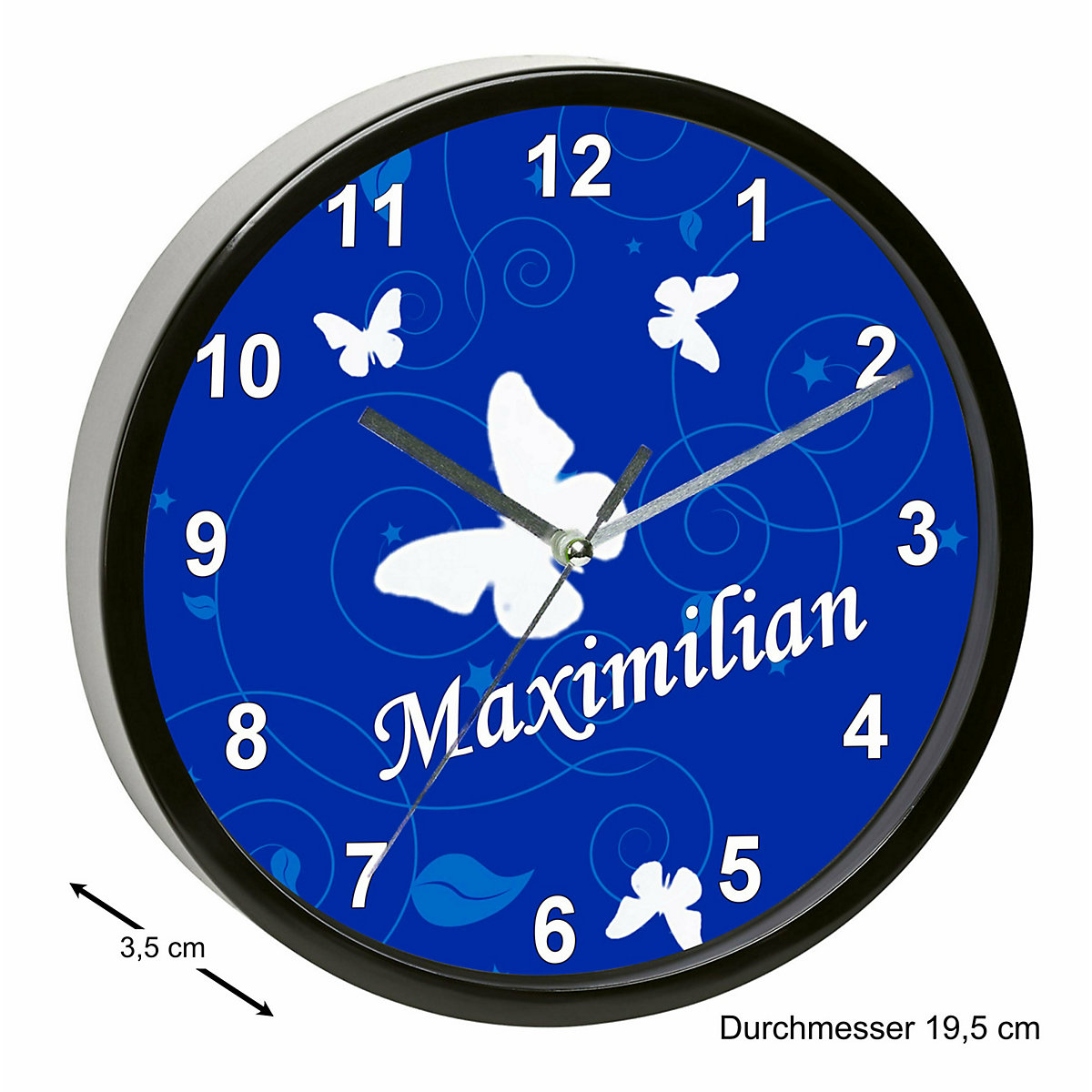 Kinder Wanduhr personalisiert mit Name Schmetterling Ornamente blau