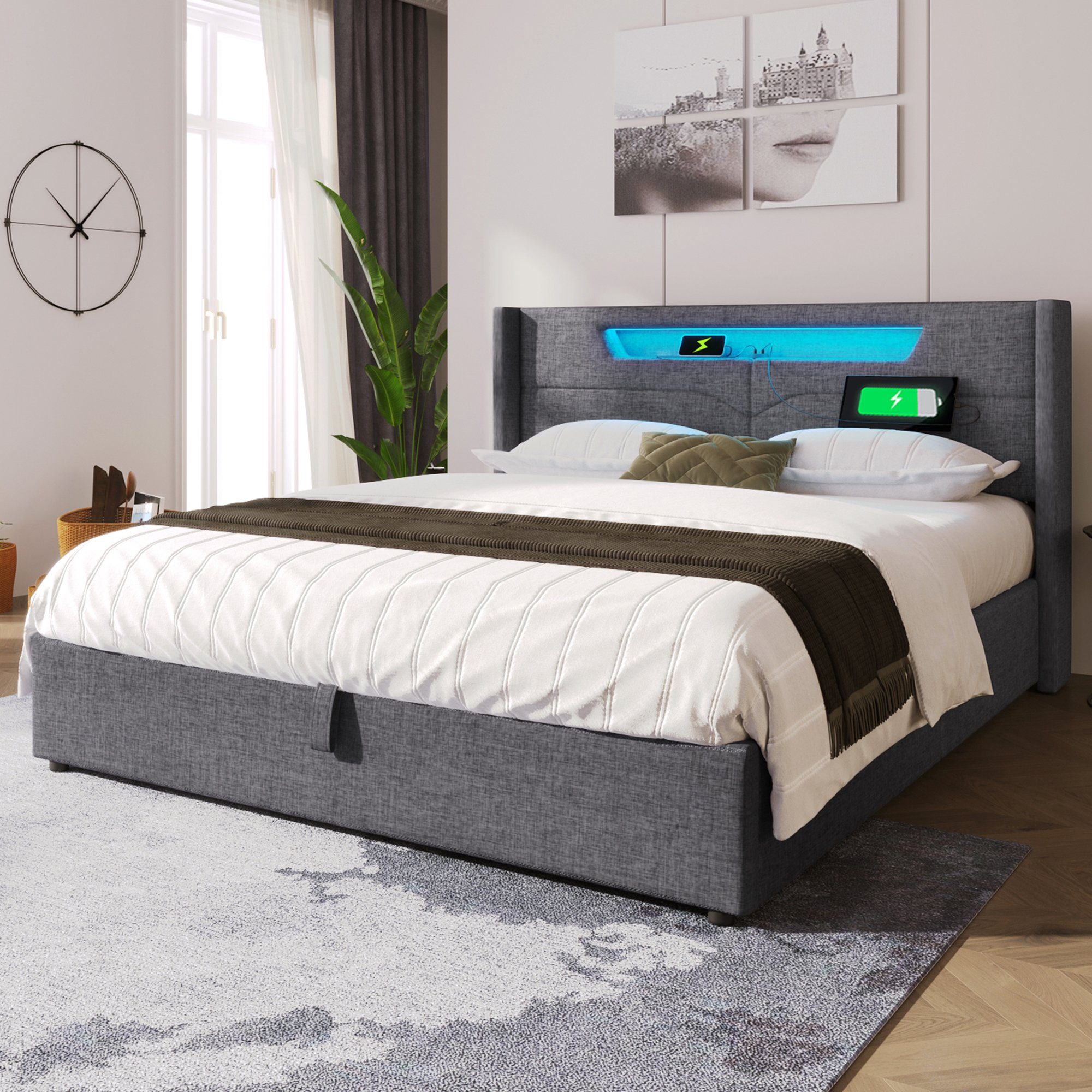 OKWISH Polsterbett LED Doppelbett mit USB Typ C Ladefunktion, 140 x 200 cm, ohne-Matratze