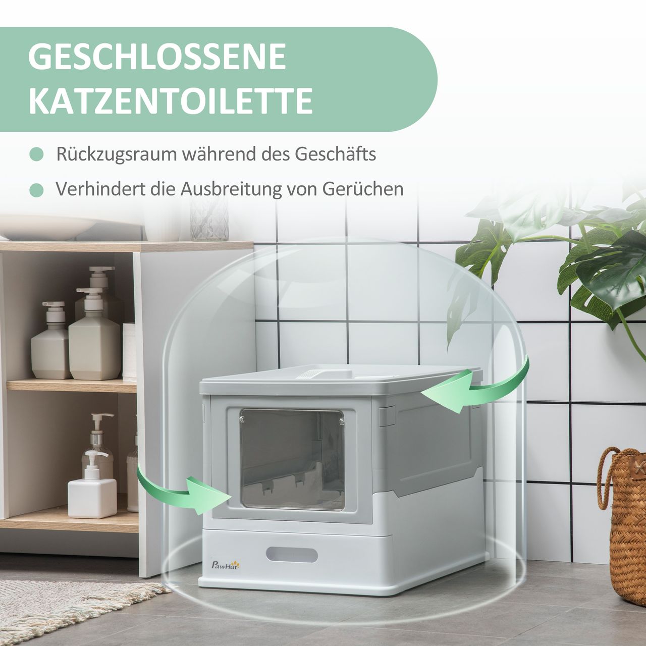 PawHut Katzentoilette Katzenklo mit Deckel, Bodenschale und Schaufel mit Desodorierungsbox aus Kunststoff in Weiß Grau