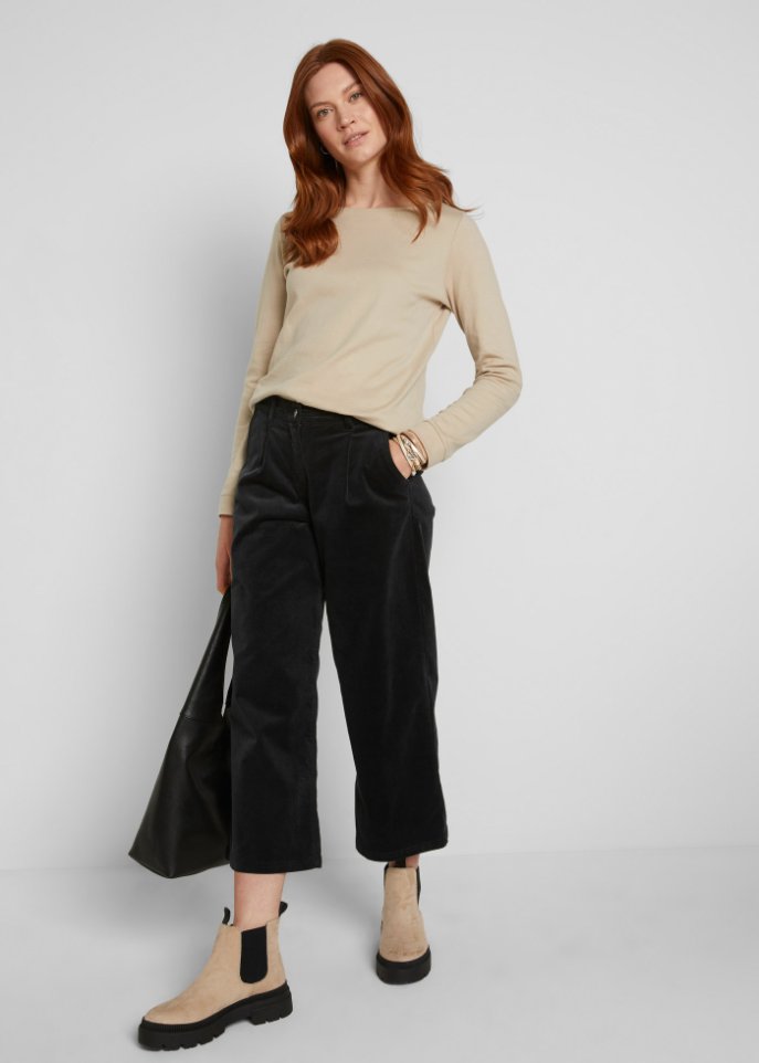 Weite Stretchcord-Culotte mit High-Waist-Bequembund, 7/8-Länge