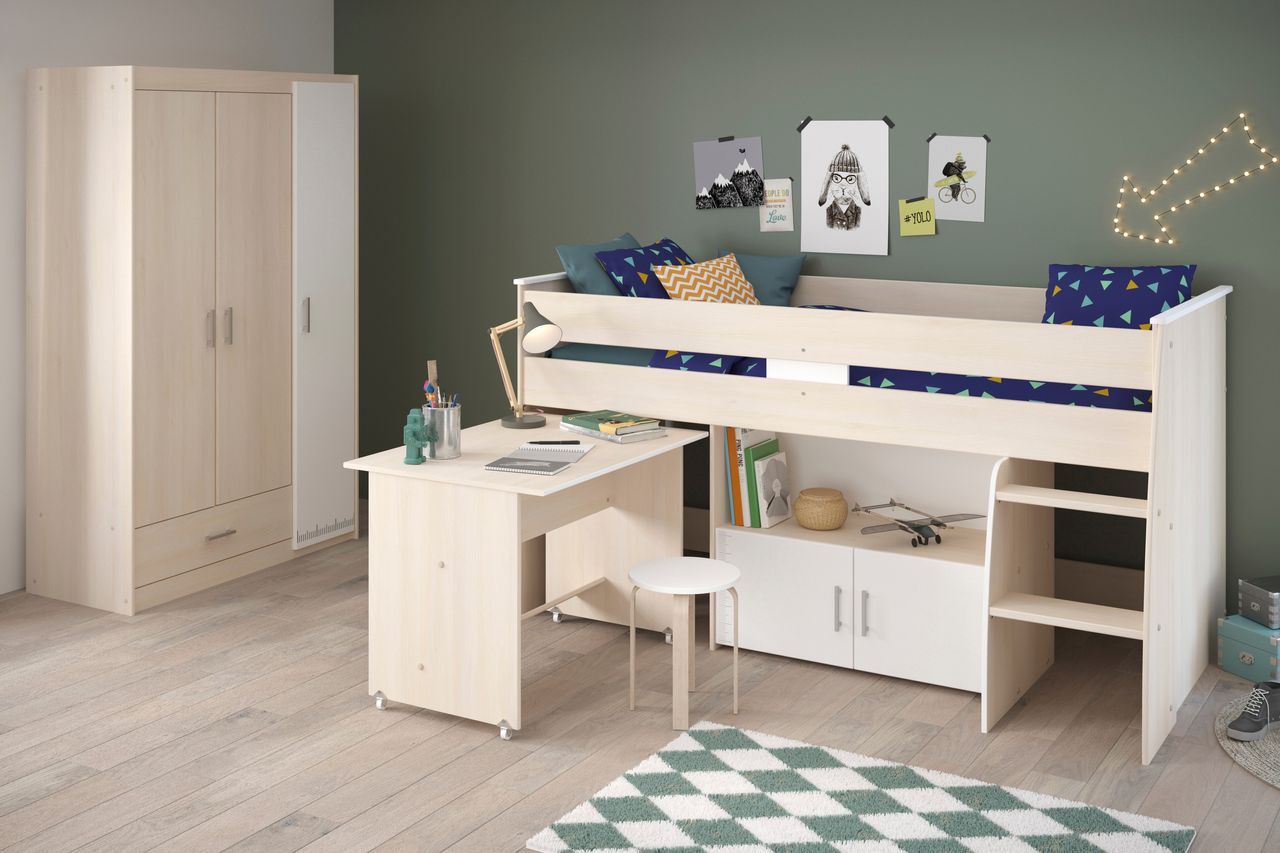 Parisot mit 3-trg. Kleiderschrank und Hochbett, Charly 6 - mit ausziehbarem Schreibtisch