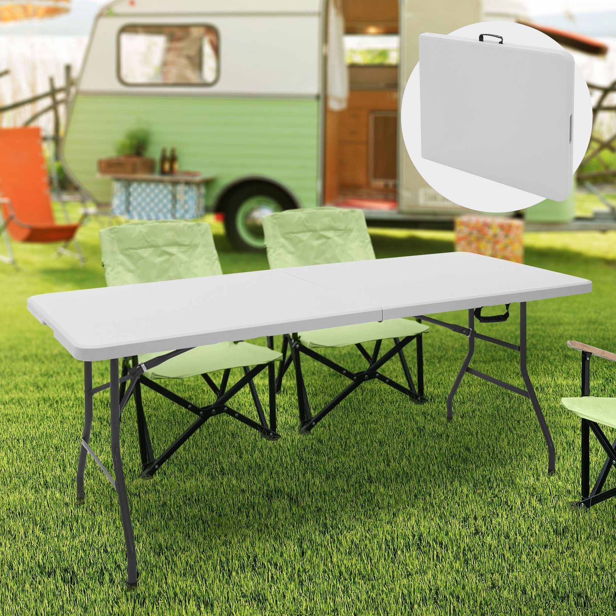 ML-DESIGN Klapptisch Campingtisch Buffettisch Partytisch Koffertisch Flohmarkttisch, Weiß 180x74cm Kunststoff mit Tragegriff für Garten Terrasse Balkon