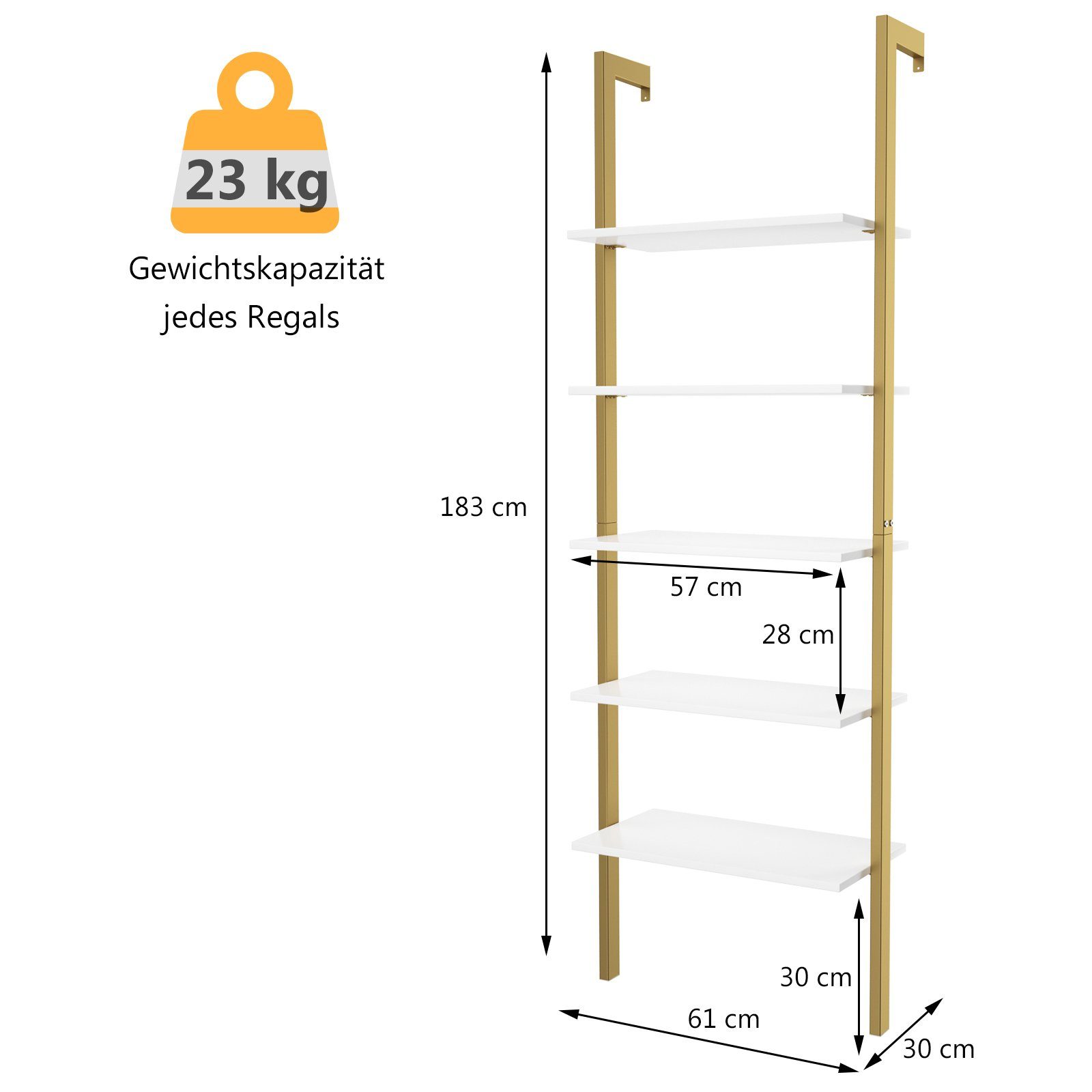 COSTWAY Leiterregal Bücherregal, 5-stufig, mit Metallrahmen, 183 cm