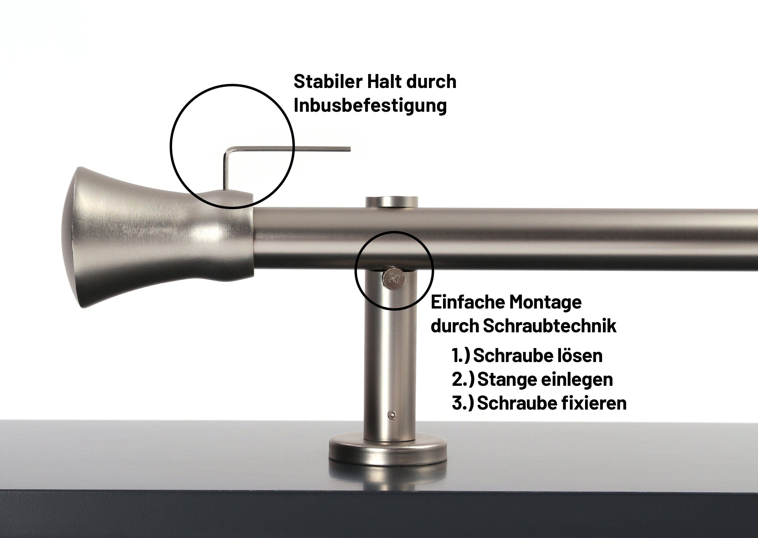 Gardinenstange Kegel in Edelstahl-optik, Deco-Raum, Ø 25 mm, 1-läufig, Wunschmaßlänge, kürzbar, Bohren, verschraubt, Metall, Komplett-Set mit Montagematerial