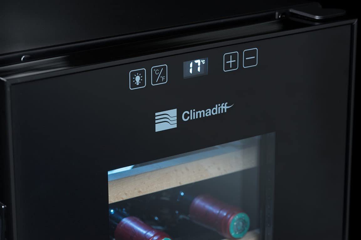 CLIMADIFF Weinkühlschrank CC12, Glastür, 12 Flaschen Wein 18L Flaschenkühlschrank Kühlschrank, für 12 Standardflaschen á 0,75l,Design Weinkühler, Getränkekühlschrank 35x46x48cm Weinschrank Wein